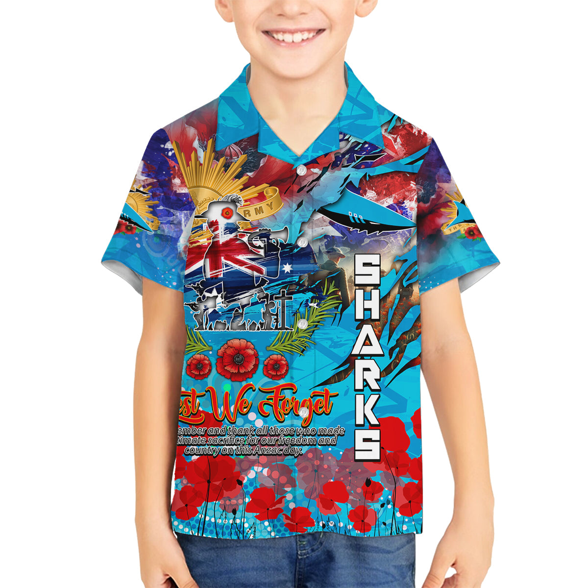 Personalised Australia Rugby Sharks ANZAC Family Matching Off Shoulder Short Dress and Hawaiian Shirt Cronulla-Sutherland Scratch Style