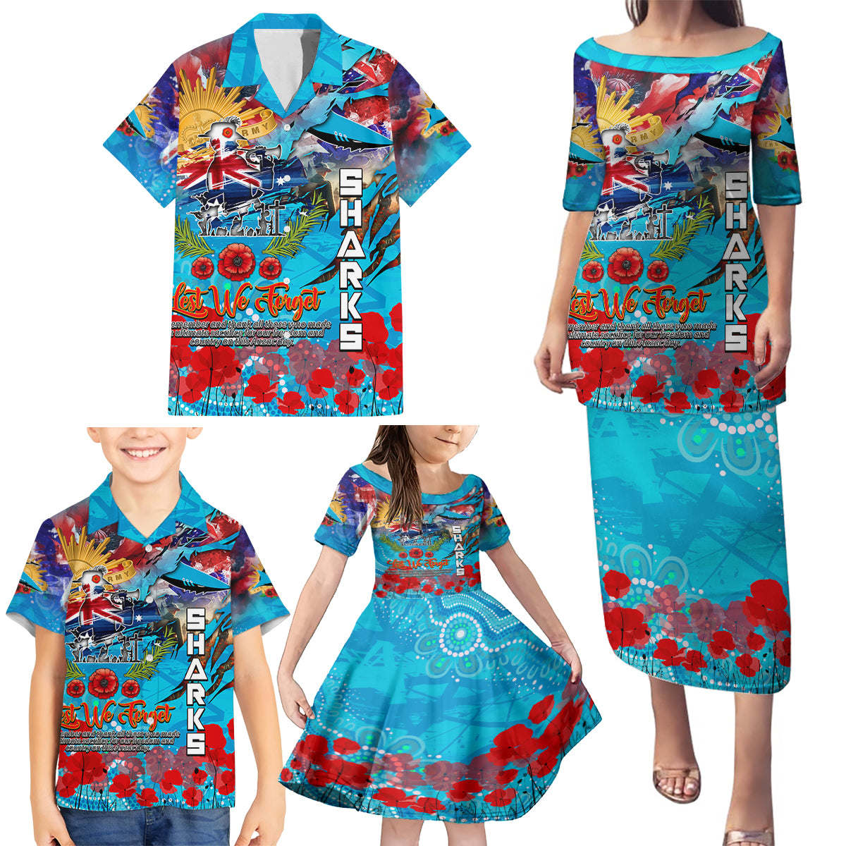 Personalised Australia Rugby Sharks ANZAC Family Matching Puletasi and Hawaiian Shirt Cronulla-Sutherland Scratch Style