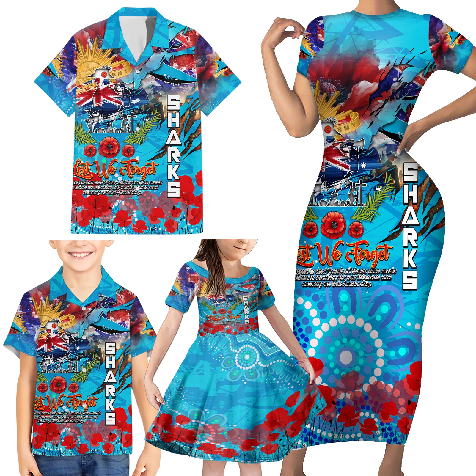 Personalised Australia Rugby Sharks ANZAC Family Matching Short Sleeve Bodycon Dress and Hawaiian Shirt Cronulla-Sutherland Scratch Style