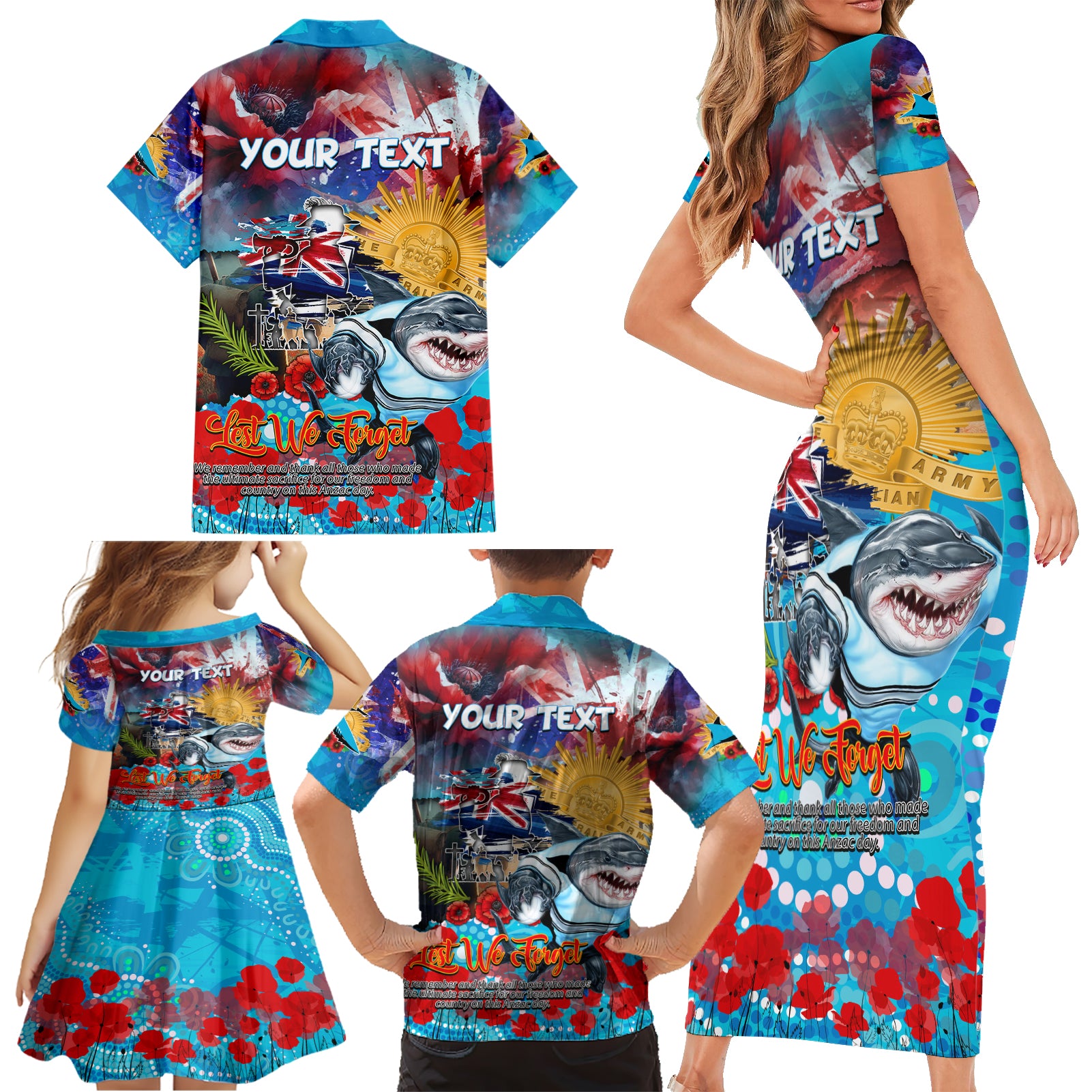 Personalised Australia Rugby Sharks ANZAC Family Matching Short Sleeve Bodycon Dress and Hawaiian Shirt Cronulla-Sutherland Scratch Style