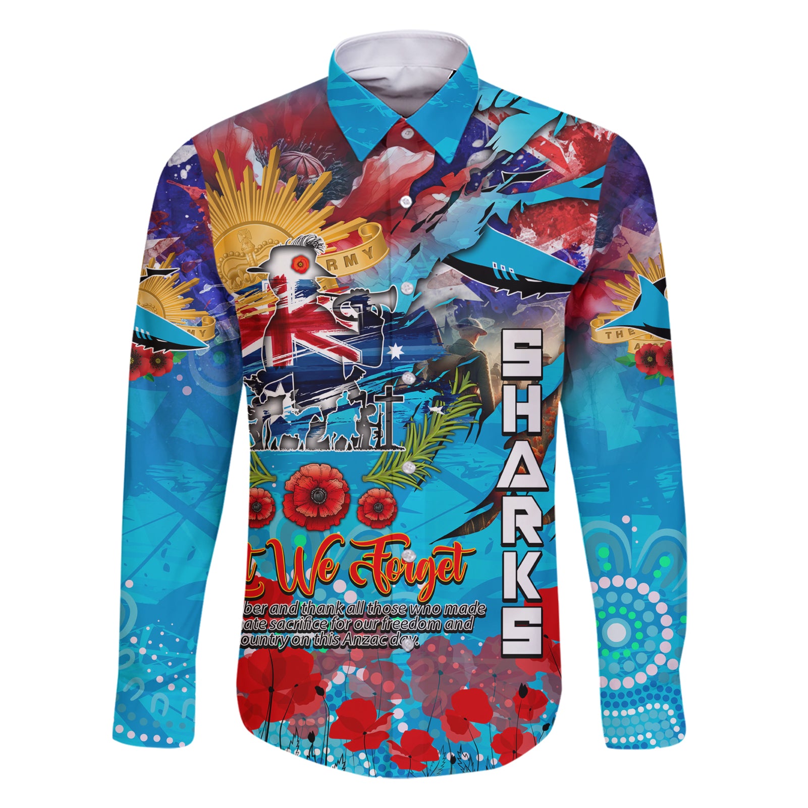Personalised Australia Rugby Sharks ANZAC Family Matching Short Sleeve Bodycon Dress and Hawaiian Shirt Cronulla-Sutherland Scratch Style