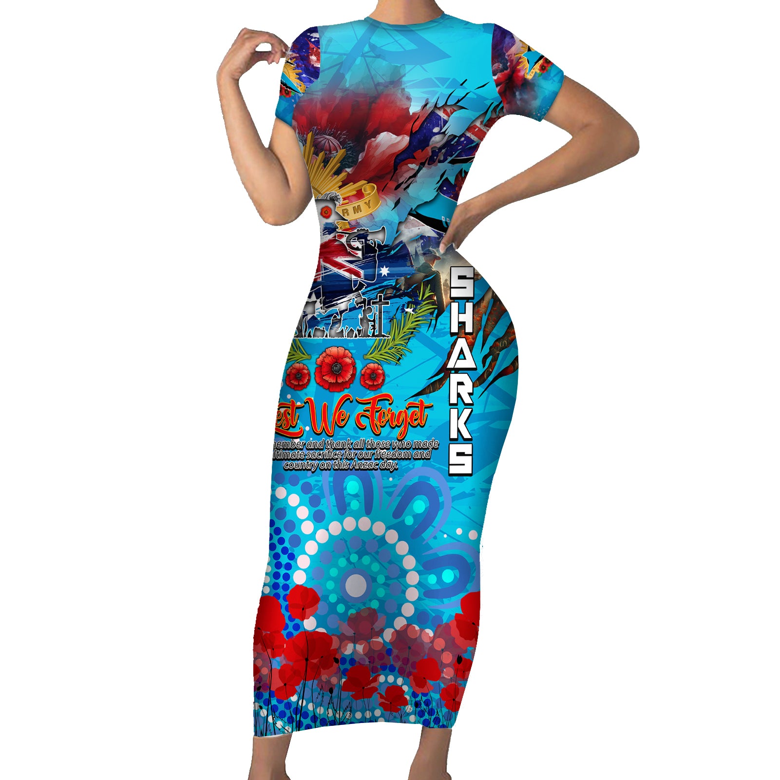Personalised Australia Rugby Sharks ANZAC Family Matching Short Sleeve Bodycon Dress and Hawaiian Shirt Cronulla-Sutherland Scratch Style