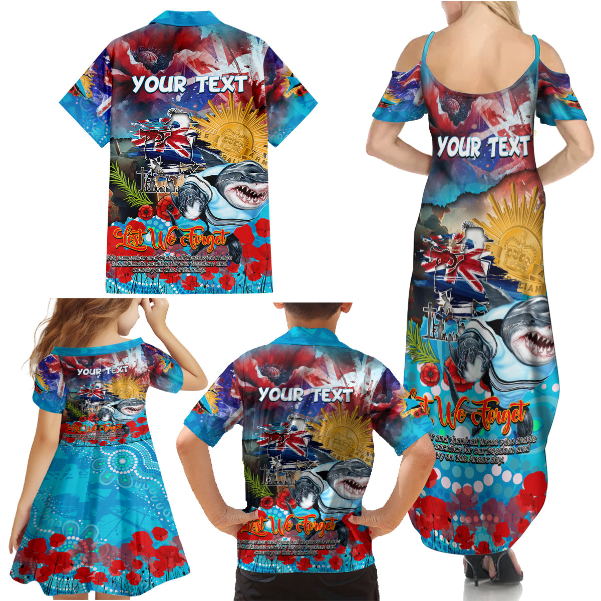 Personalised Australia Rugby Sharks ANZAC Family Matching Summer Maxi Dress and Hawaiian Shirt Cronulla-Sutherland Scratch Style