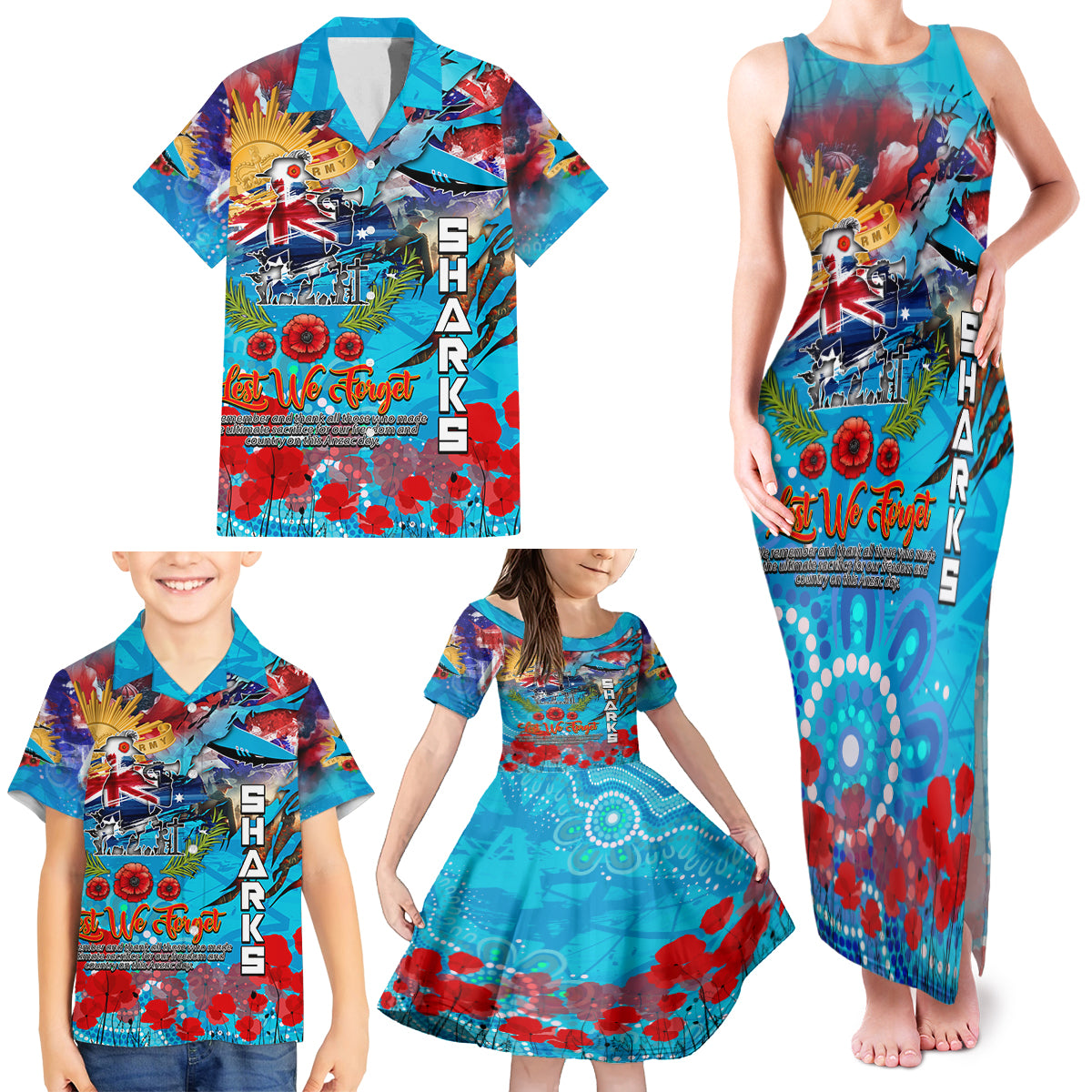 Personalised Australia Rugby Sharks ANZAC Family Matching Tank Maxi Dress and Hawaiian Shirt Cronulla-Sutherland Scratch Style
