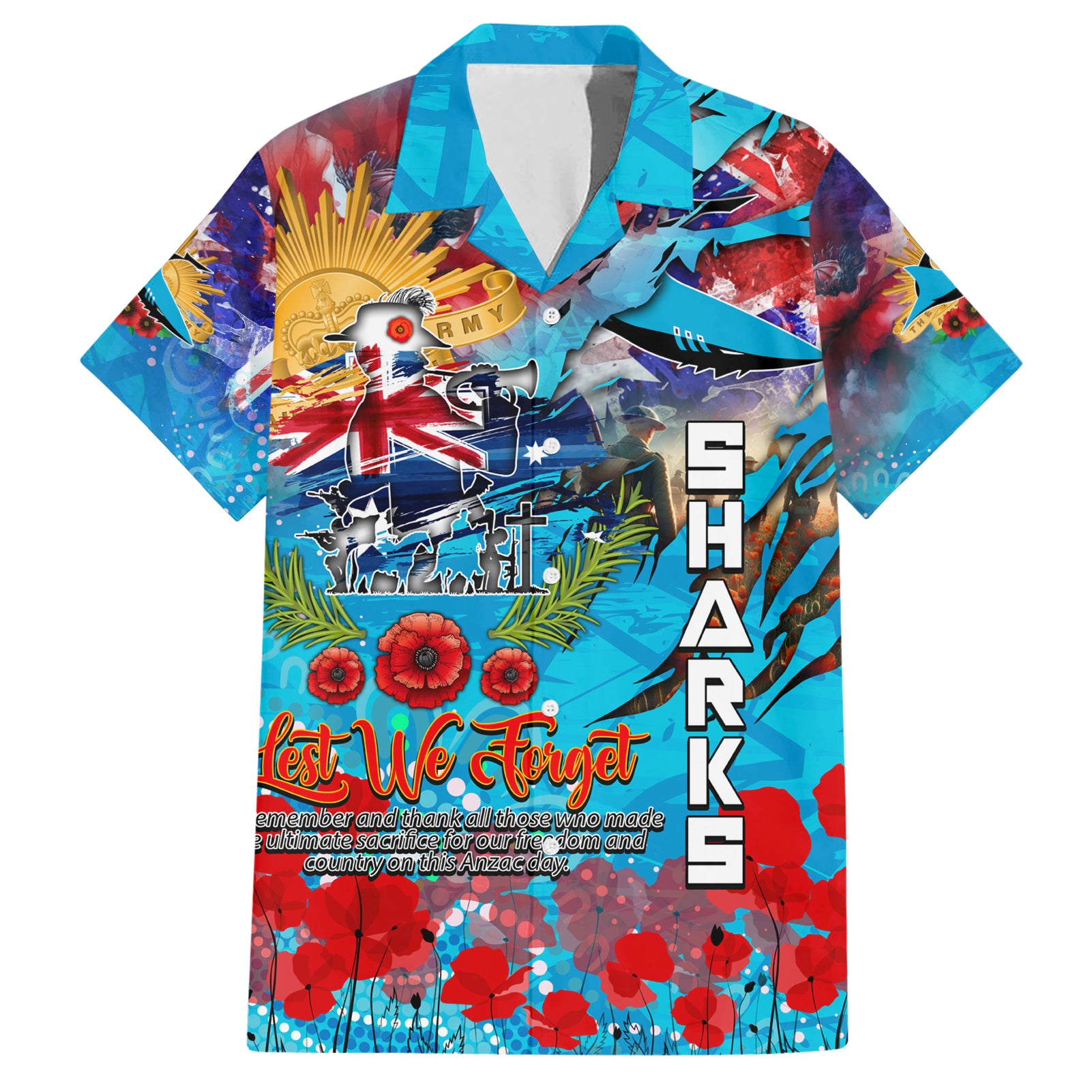 Personalised Australia Rugby Sharks ANZAC Hawaiian Shirt Cronulla-Sutherland Scratch Style - Vibe Hoodie Shop