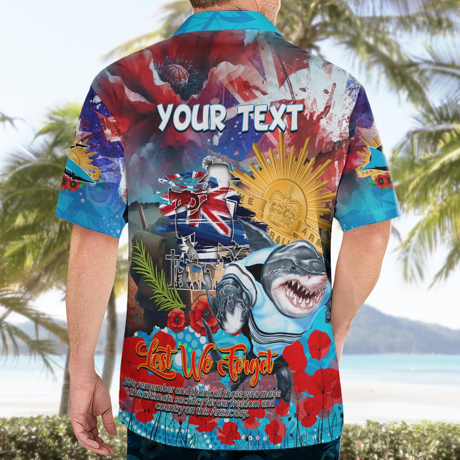 Personalised Australia Rugby Sharks ANZAC Hawaiian Shirt Cronulla-Sutherland Scratch Style - Vibe Hoodie Shop