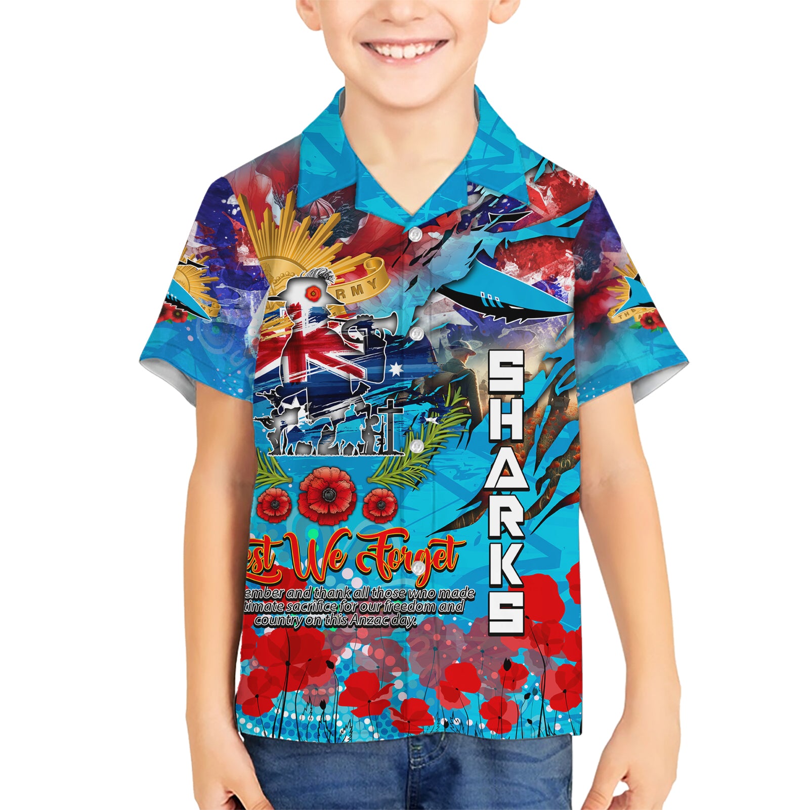 Personalised Australia Rugby Sharks ANZAC Kid Hawaiian Shirt Cronulla-Sutherland Scratch Style