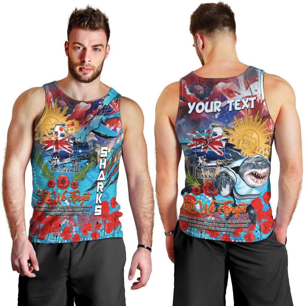 Personalised Australia Rugby Sharks ANZAC Men Tank Top Cronulla-Sutherland Scratch Style - Vibe Hoodie Shop