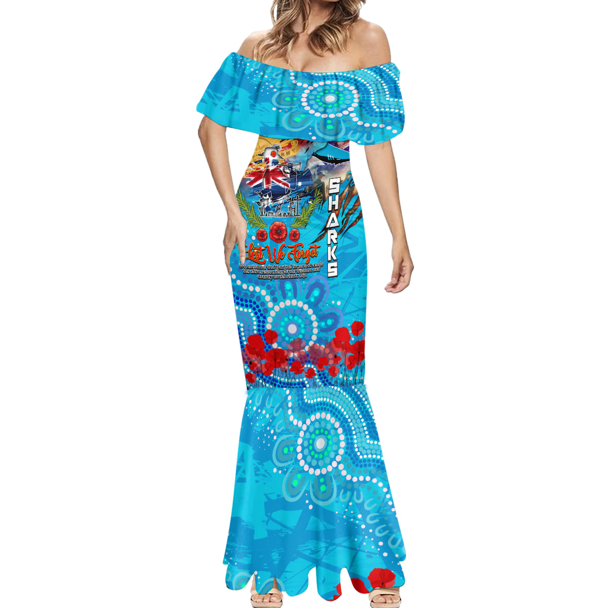 Personalised Australia Rugby Sharks ANZAC Mermaid Dress Cronulla-Sutherland Scratch Style
