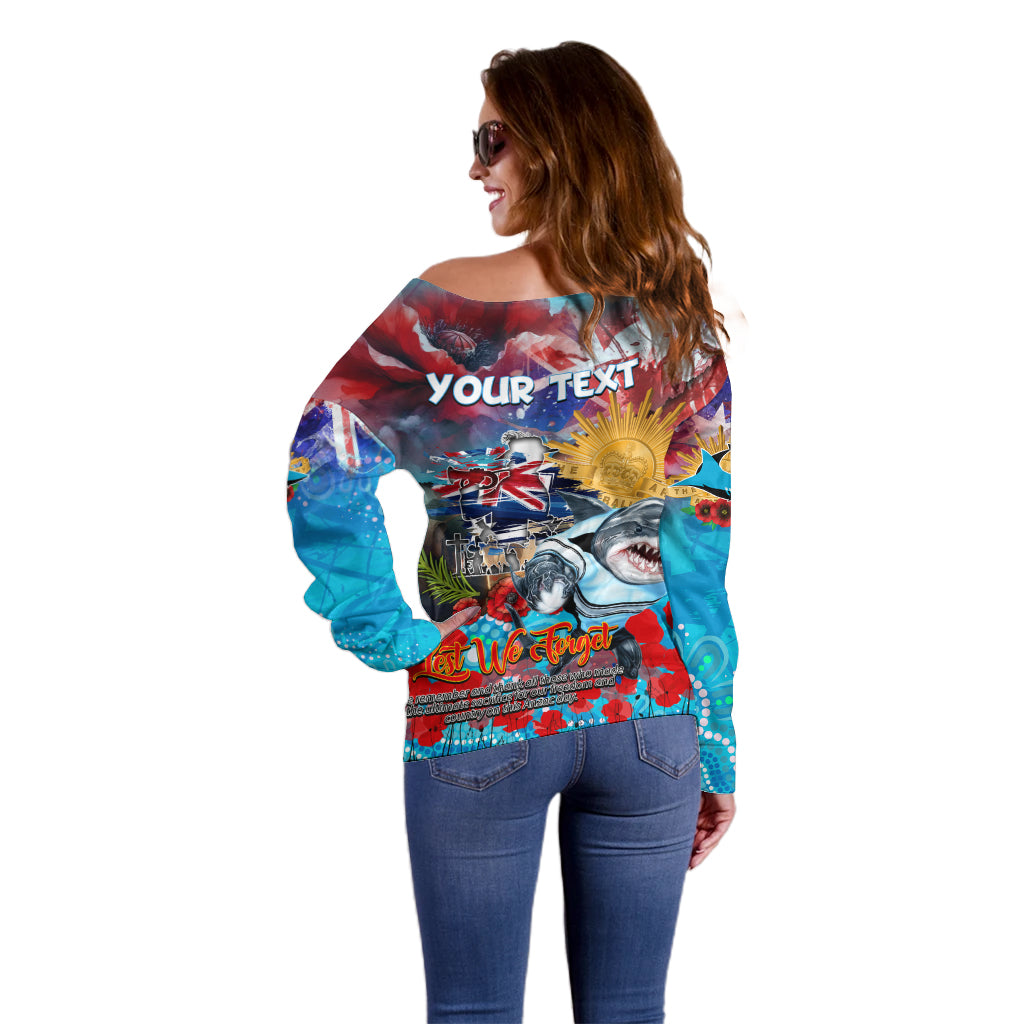 Personalised Australia Rugby Sharks ANZAC Off Shoulder Sweater Cronulla-Sutherland Scratch Style - Vibe Hoodie Shop