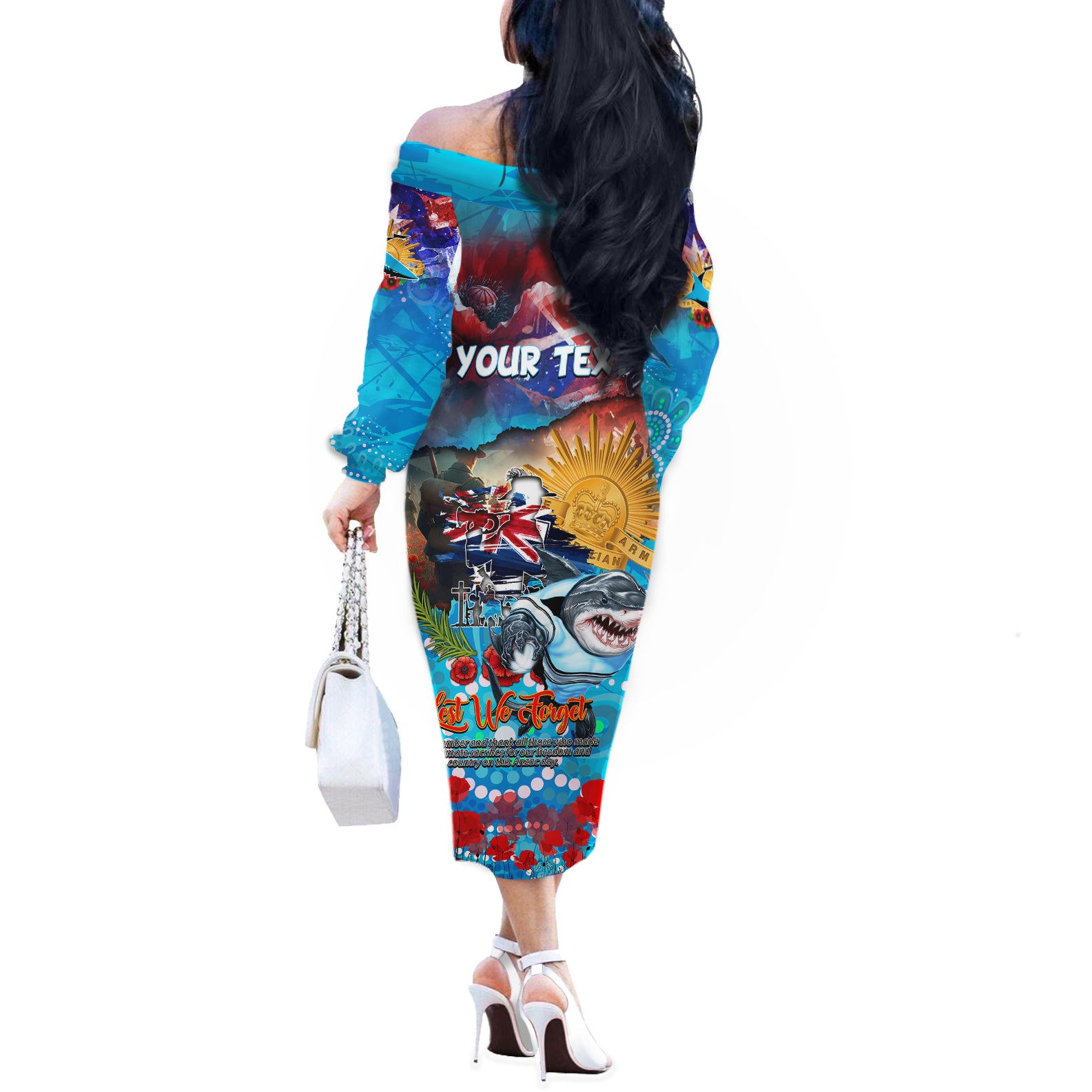 Personalised Australia Rugby Sharks ANZAC Off The Shoulder Long Sleeve Dress Cronulla-Sutherland Scratch Style