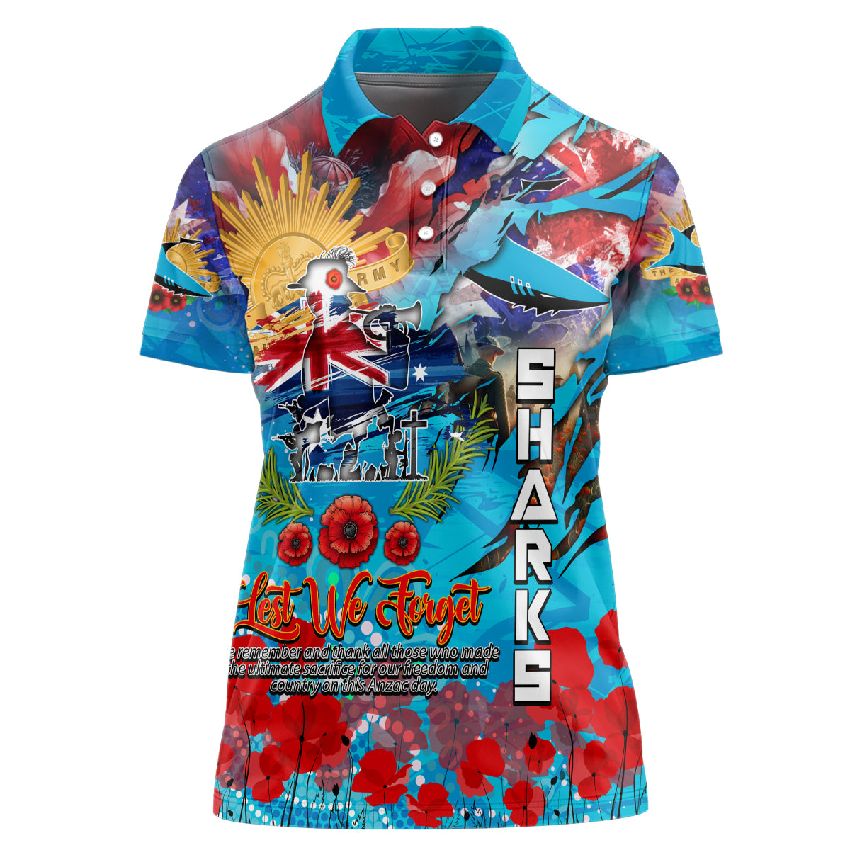 Personalised Australia Rugby Sharks ANZAC Women Polo Shirt Cronulla-Sutherland Scratch Style - Vibe Hoodie Shop