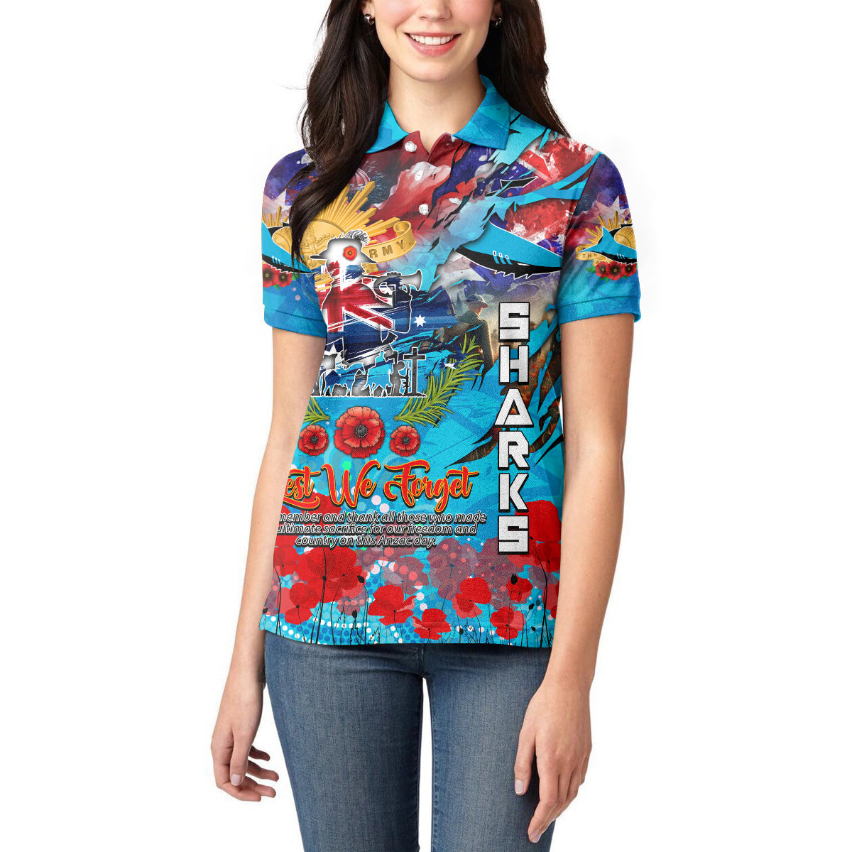 Personalised Australia Rugby Sharks ANZAC Women Polo Shirt Cronulla-Sutherland Scratch Style - Vibe Hoodie Shop