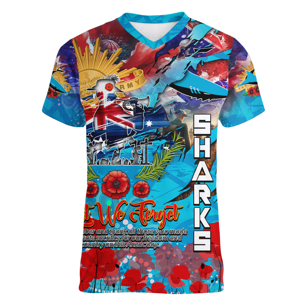 Personalised Australia Rugby Sharks ANZAC Women V Neck T Shirt Cronulla-Sutherland Scratch Style - Vibe Hoodie Shop