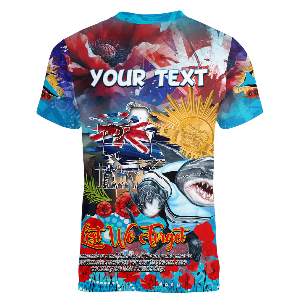Personalised Australia Rugby Sharks ANZAC Women V Neck T Shirt Cronulla-Sutherland Scratch Style - Vibe Hoodie Shop