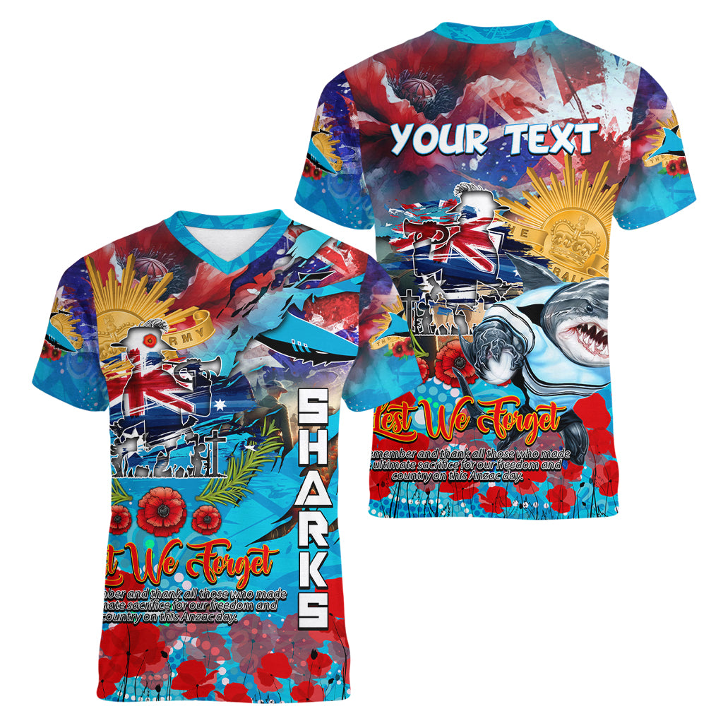 Personalised Australia Rugby Sharks ANZAC Women V Neck T Shirt Cronulla-Sutherland Scratch Style - Vibe Hoodie Shop