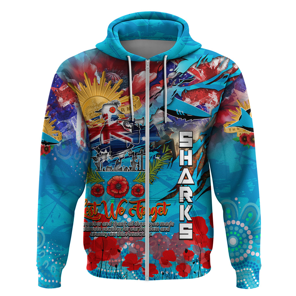 Personalised Australia Rugby Sharks ANZAC Zip Hoodie Cronulla-Sutherland Scratch Style - Vibe Hoodie Shop