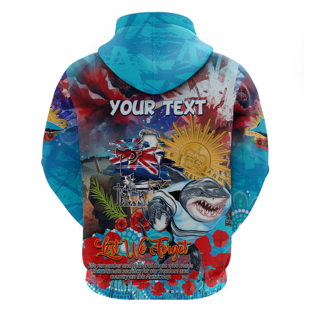 Personalised Australia Rugby Sharks ANZAC Zip Hoodie Cronulla-Sutherland Scratch Style - Vibe Hoodie Shop
