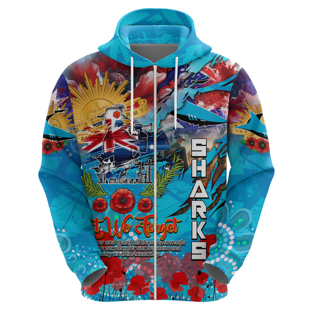Personalised Australia Rugby Sharks ANZAC Zip Hoodie Cronulla-Sutherland Scratch Style - Vibe Hoodie Shop