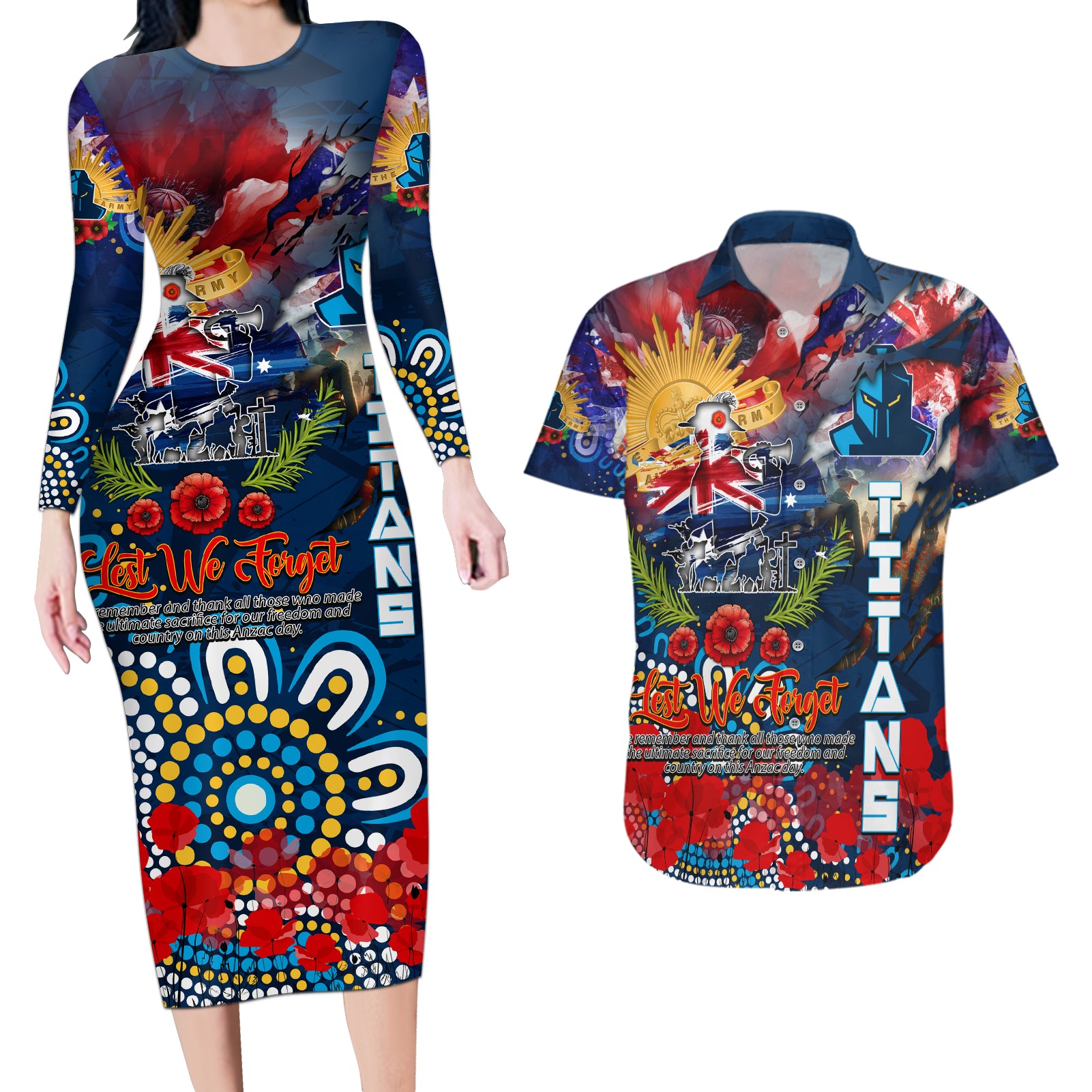 Personalised Australia Rugby Titans ANZAC Couples Matching Long Sleeve Bodycon Dress and Hawaiian Shirt Gold Coast Scratch Style