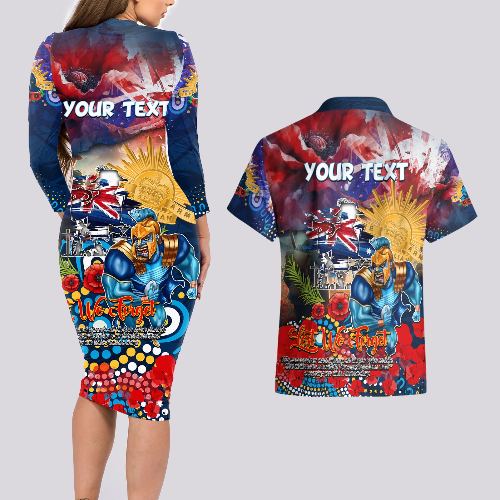 Personalised Australia Rugby Titans ANZAC Couples Matching Long Sleeve Bodycon Dress and Hawaiian Shirt Gold Coast Scratch Style