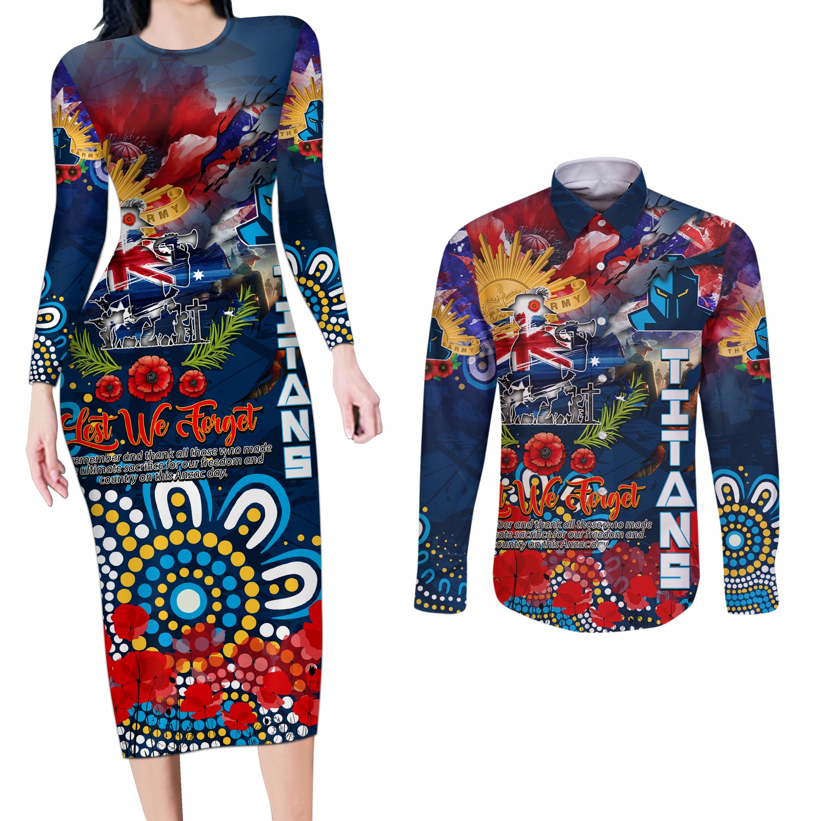 Personalised Australia Rugby Titans ANZAC Couples Matching Long Sleeve Bodycon Dress and Long Sleeve Button Shirt Gold Coast Scratch Style