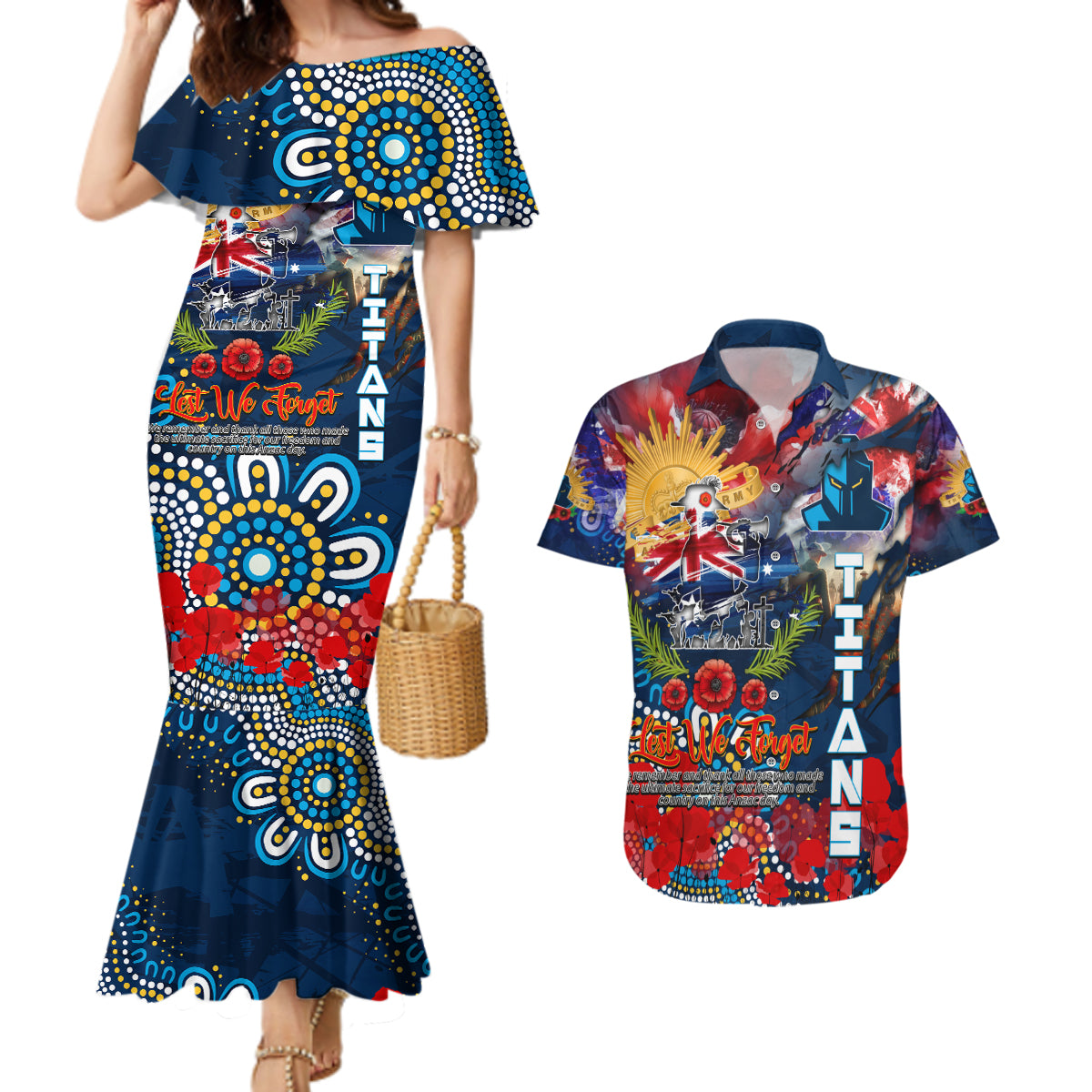 Personalised Australia Rugby Titans ANZAC Couples Matching Mermaid Dress and Hawaiian Shirt Gold Coast Scratch Style
