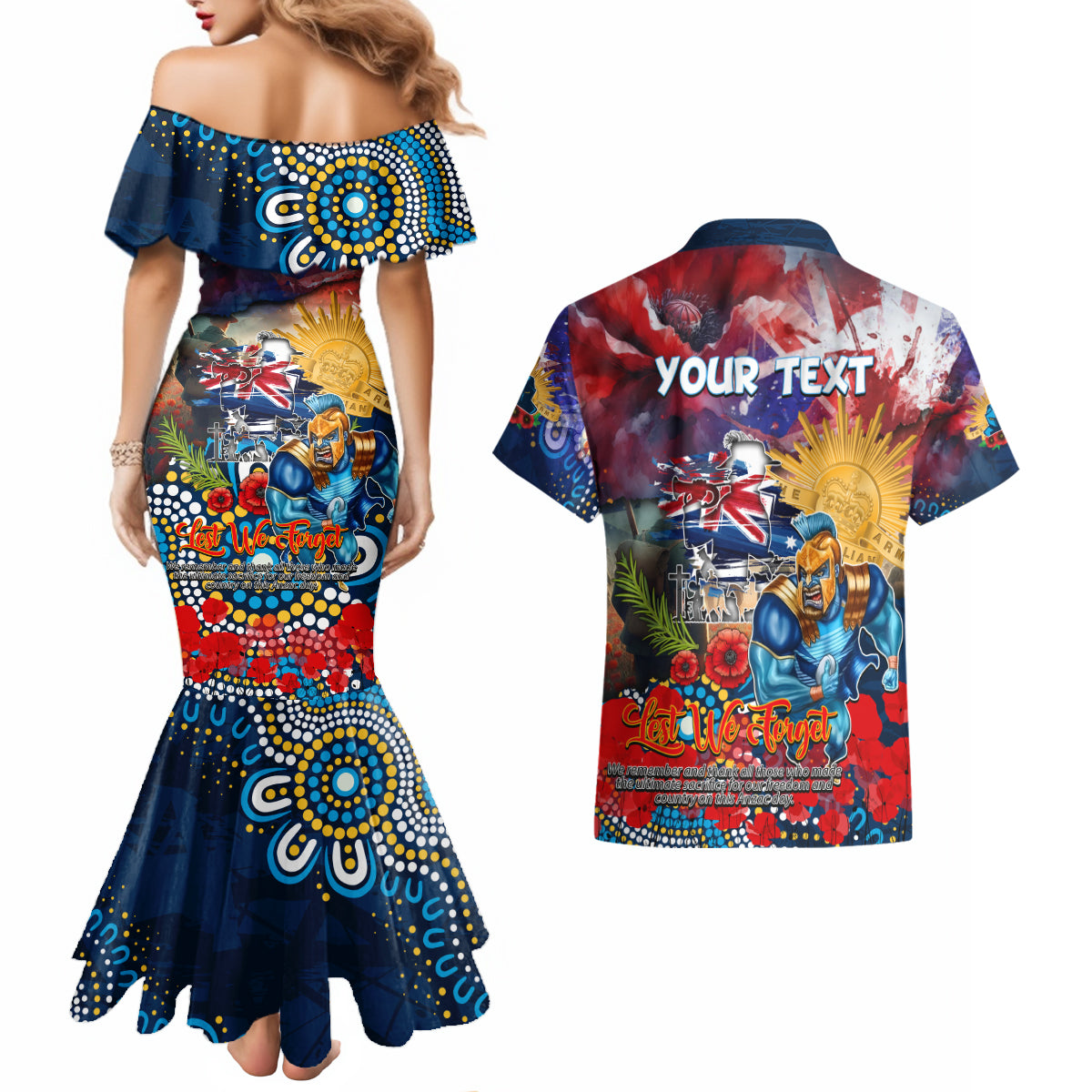 Personalised Australia Rugby Titans ANZAC Couples Matching Mermaid Dress and Hawaiian Shirt Gold Coast Scratch Style