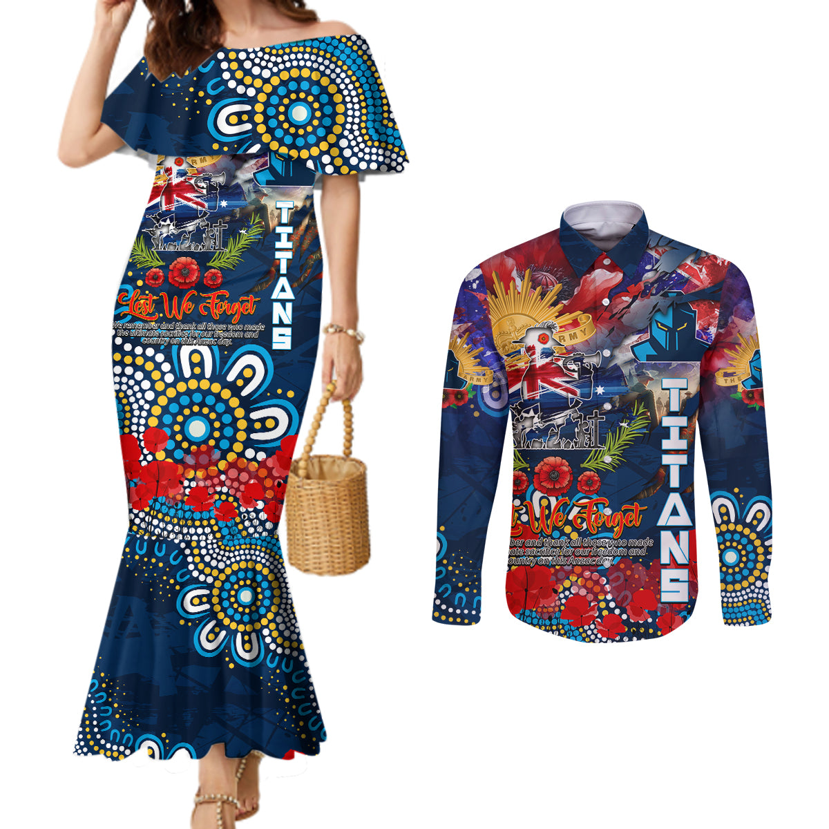 Personalised Australia Rugby Titans ANZAC Couples Matching Mermaid Dress and Long Sleeve Button Shirt Gold Coast Scratch Style