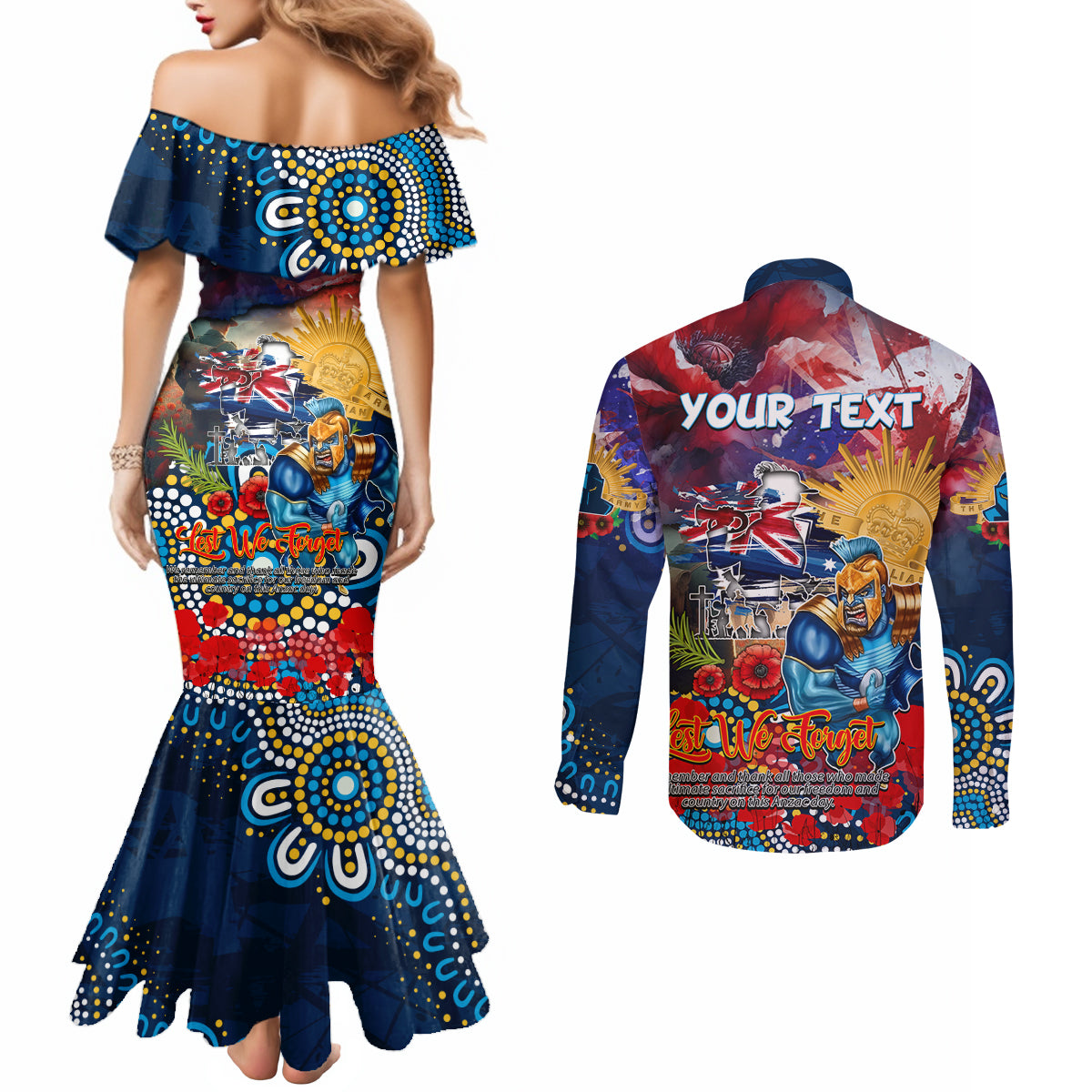 Personalised Australia Rugby Titans ANZAC Couples Matching Mermaid Dress and Long Sleeve Button Shirt Gold Coast Scratch Style