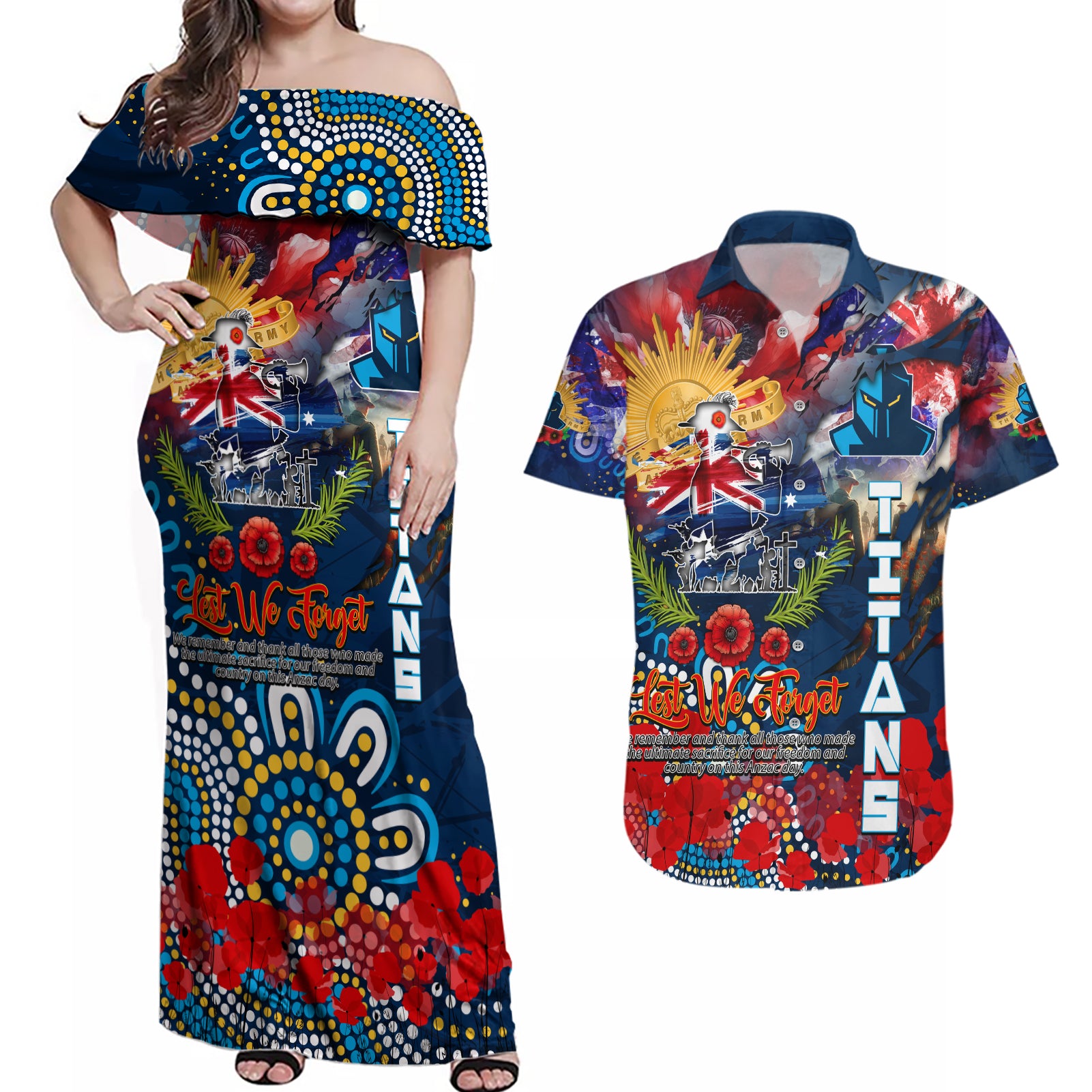 Personalised Australia Rugby Titans ANZAC Couples Matching Off Shoulder Maxi Dress and Hawaiian Shirt Gold Coast Scratch Style