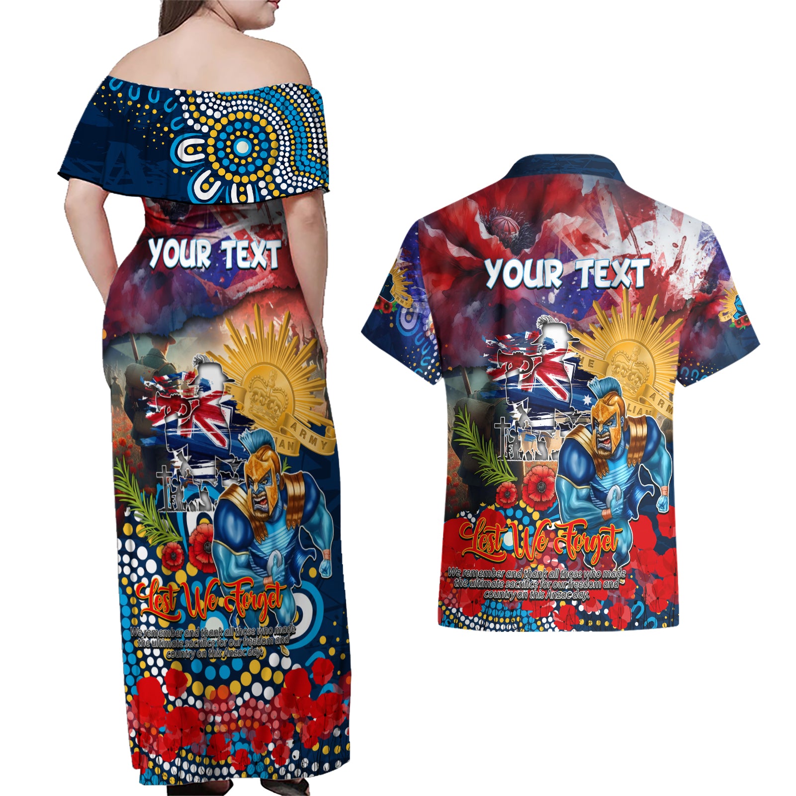 Personalised Australia Rugby Titans ANZAC Couples Matching Off Shoulder Maxi Dress and Hawaiian Shirt Gold Coast Scratch Style