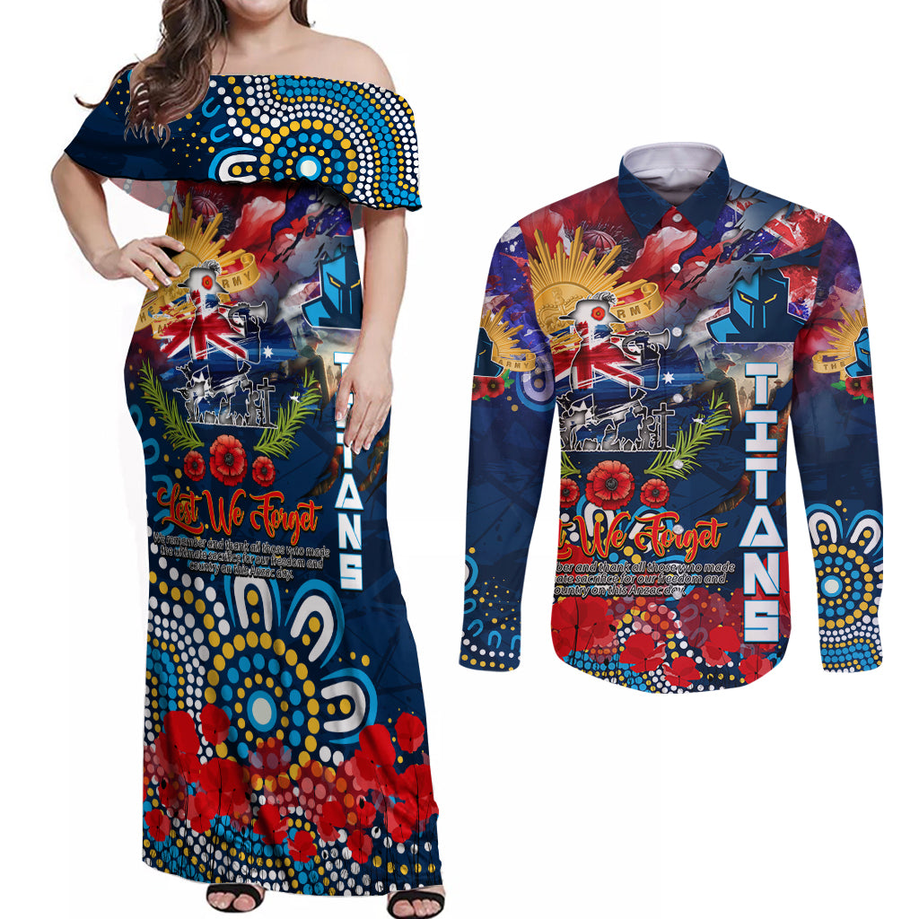 Personalised Australia Rugby Titans ANZAC Couples Matching Off Shoulder Maxi Dress and Long Sleeve Button Shirt Gold Coast Scratch Style