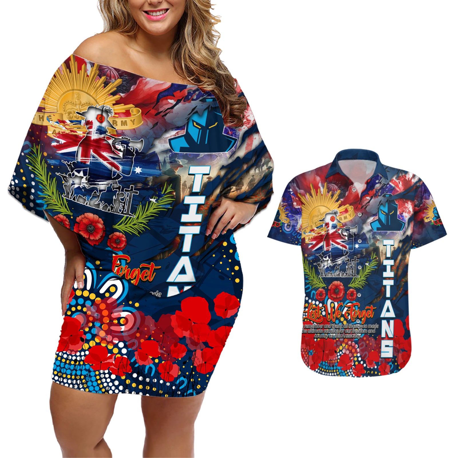Personalised Australia Rugby Titans ANZAC Couples Matching Off Shoulder Short Dress and Hawaiian Shirt Gold Coast Scratch Style