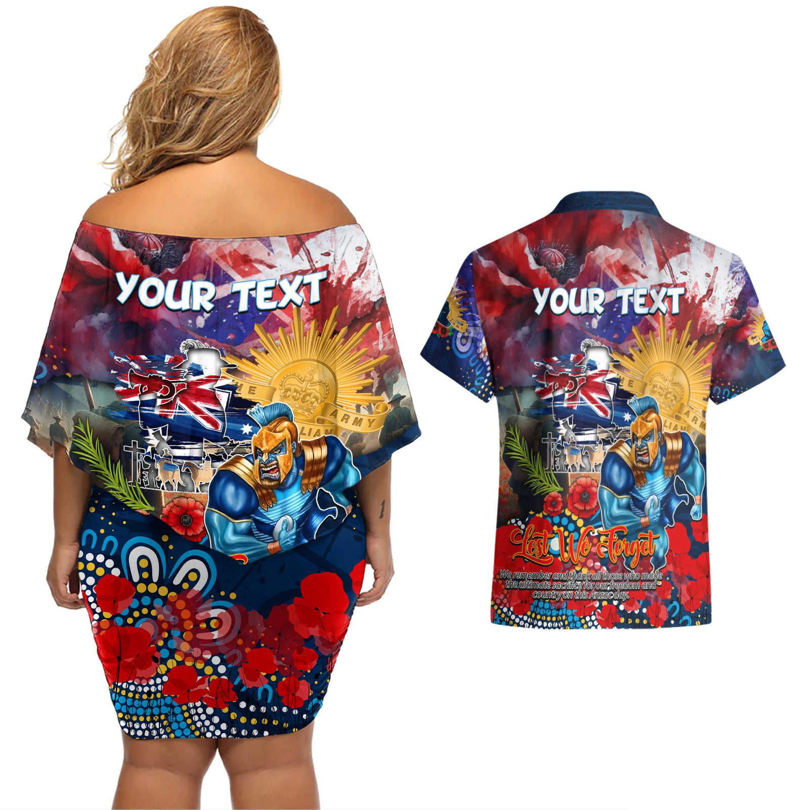 Personalised Australia Rugby Titans ANZAC Couples Matching Off Shoulder Short Dress and Hawaiian Shirt Gold Coast Scratch Style