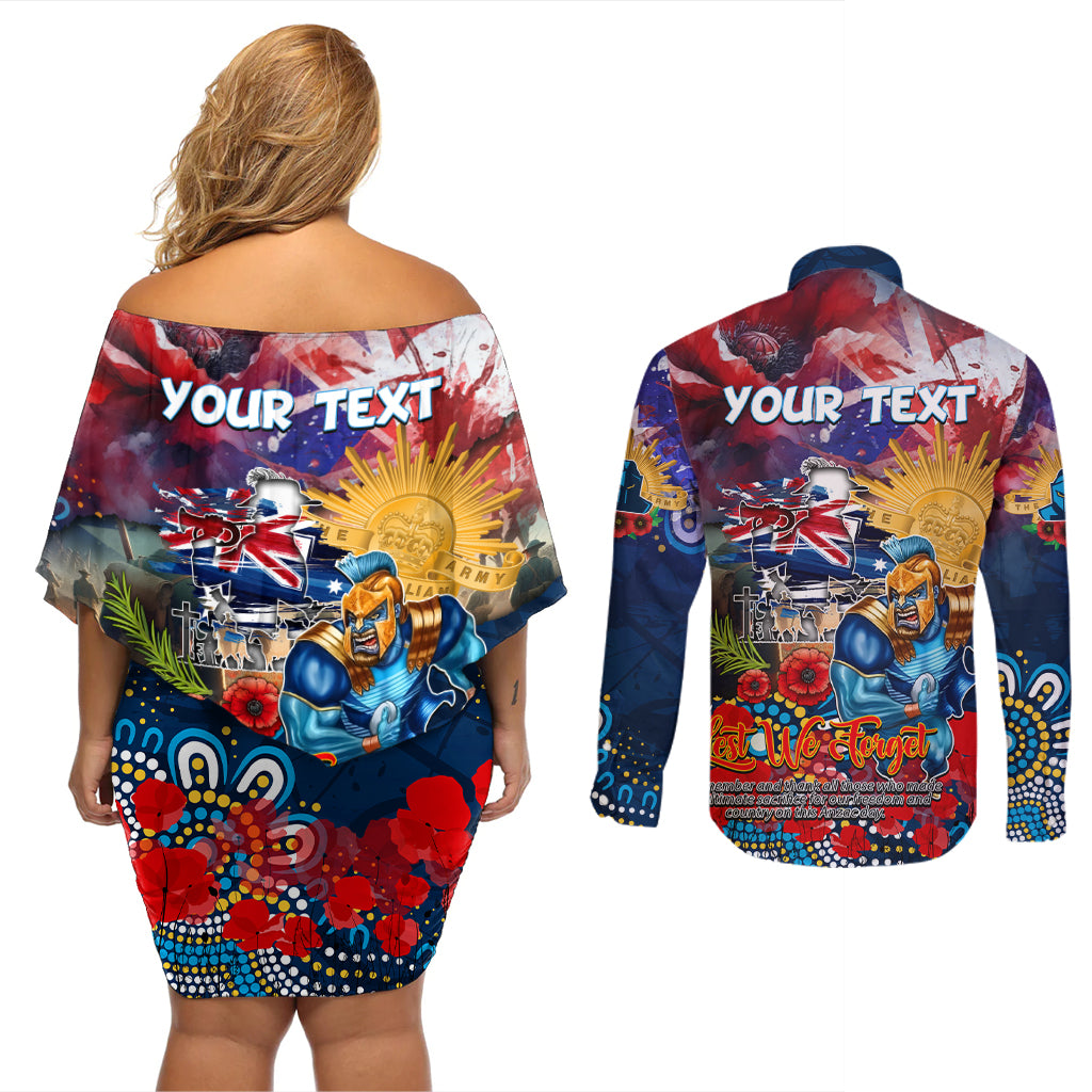 Personalised Australia Rugby Titans ANZAC Couples Matching Off Shoulder Short Dress and Long Sleeve Button Shirt Gold Coast Scratch Style