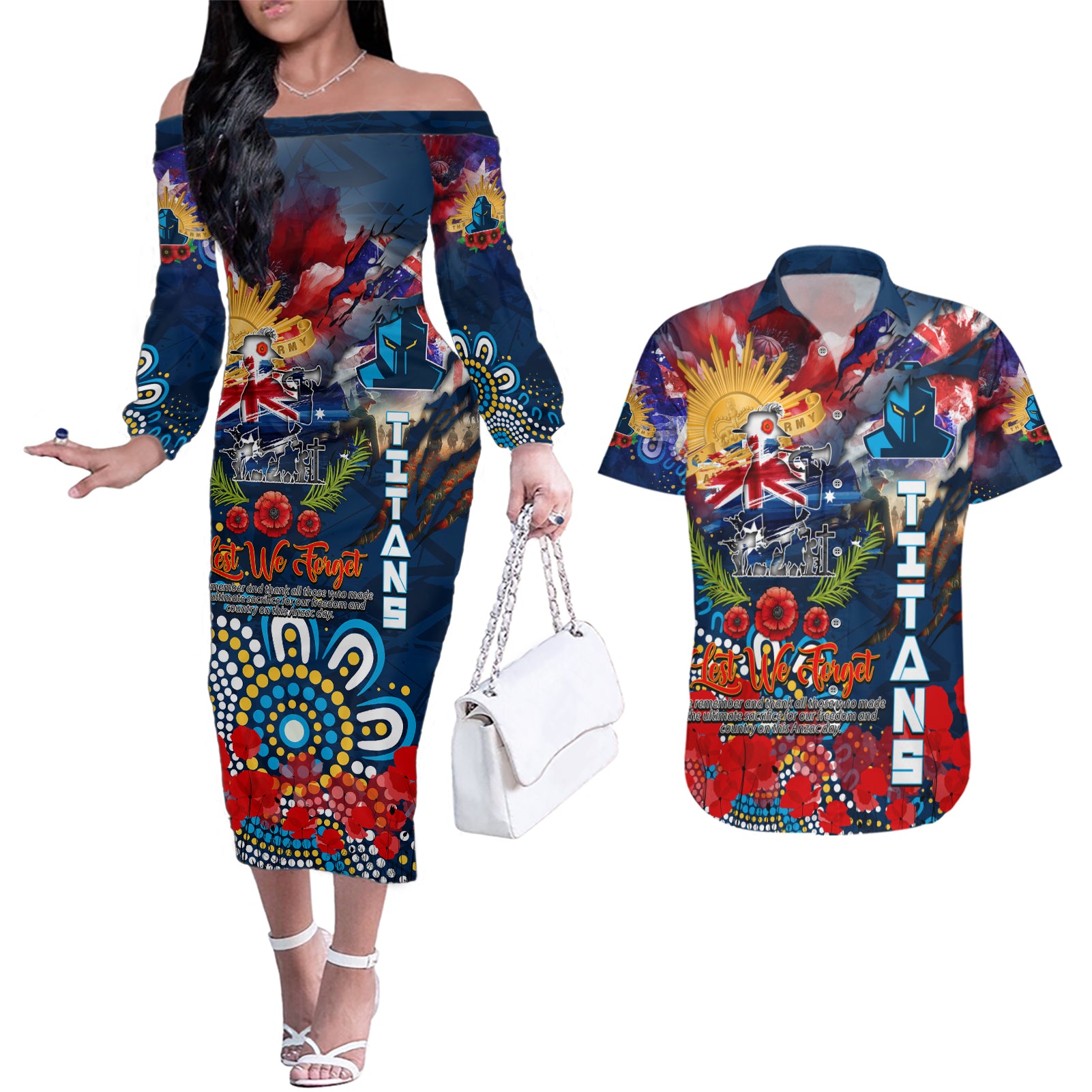 Personalised Australia Rugby Titans ANZAC Couples Matching Off The Shoulder Long Sleeve Dress and Hawaiian Shirt Gold Coast Scratch Style