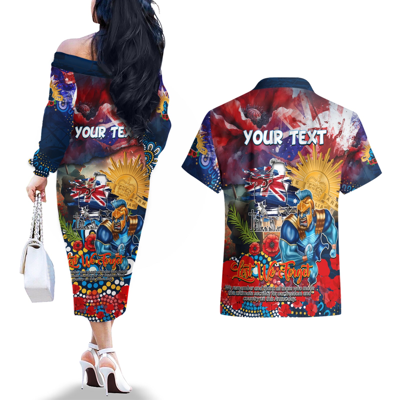 Personalised Australia Rugby Titans ANZAC Couples Matching Off The Shoulder Long Sleeve Dress and Hawaiian Shirt Gold Coast Scratch Style