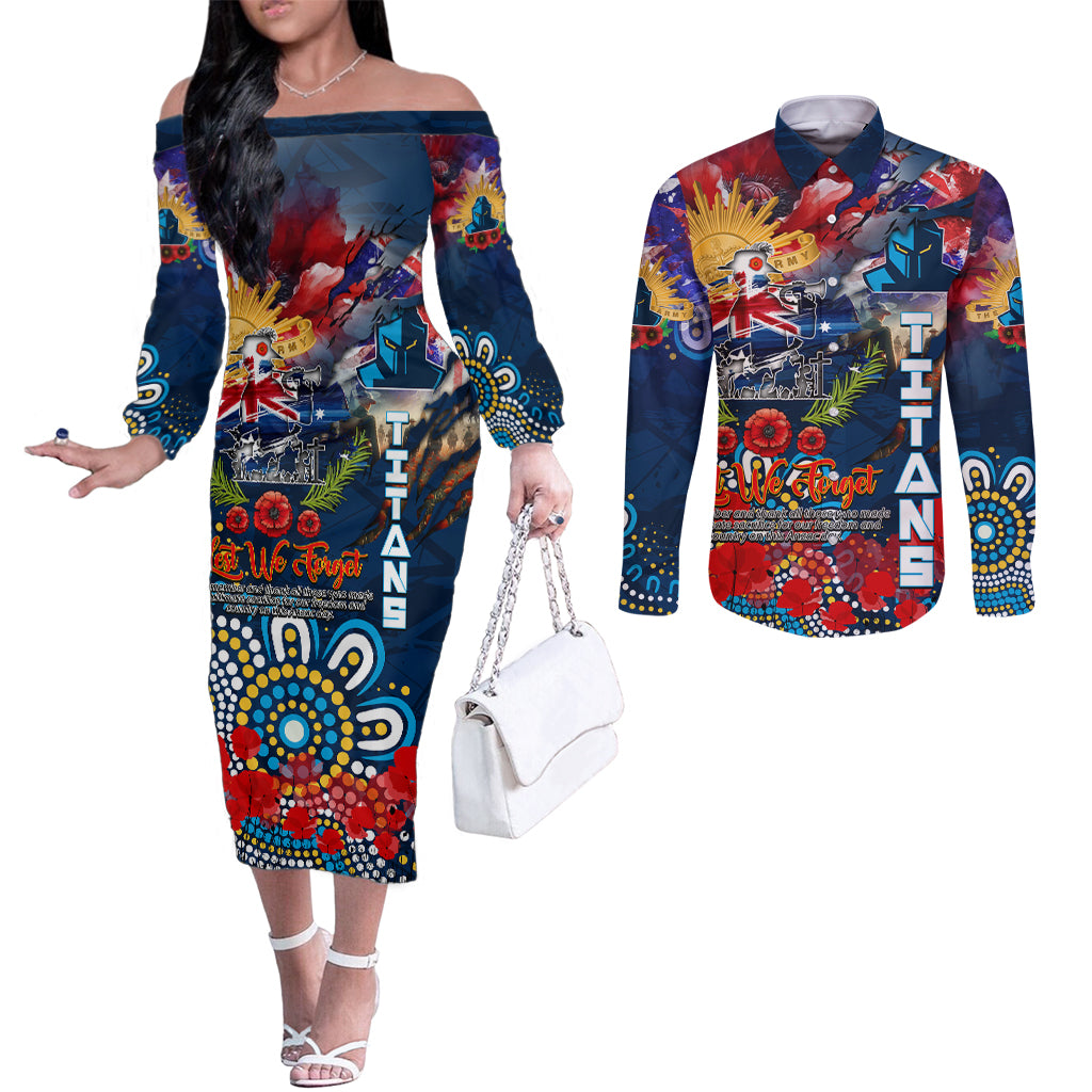 Personalised Australia Rugby Titans ANZAC Couples Matching Off The Shoulder Long Sleeve Dress and Long Sleeve Button Shirt Gold Coast Scratch Style