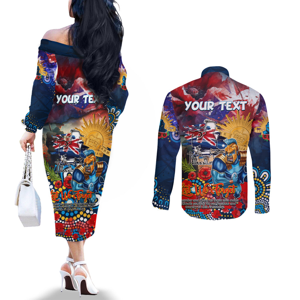 Personalised Australia Rugby Titans ANZAC Couples Matching Off The Shoulder Long Sleeve Dress and Long Sleeve Button Shirt Gold Coast Scratch Style