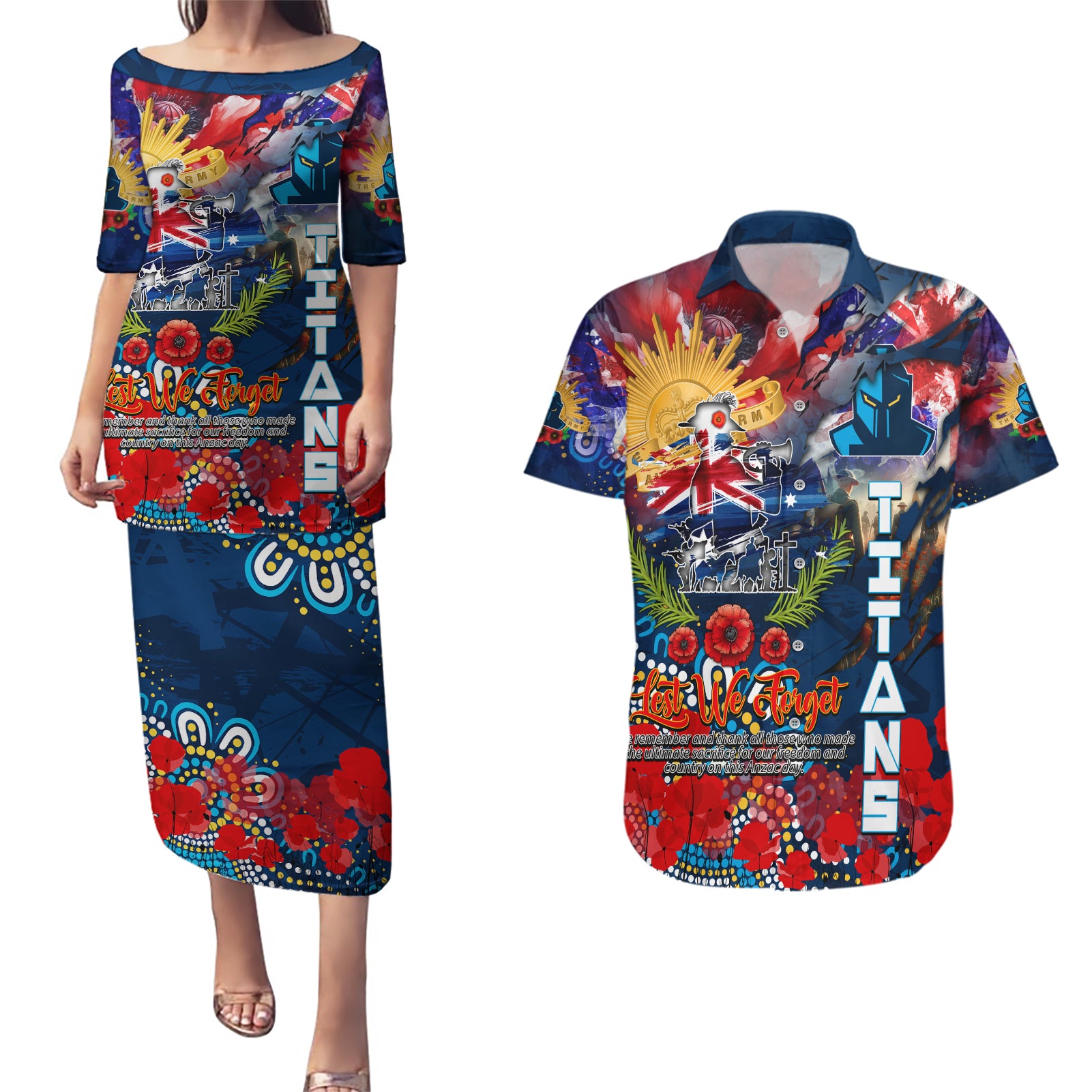 Personalised Australia Rugby Titans ANZAC Couples Matching Puletasi and Hawaiian Shirt Gold Coast Scratch Style