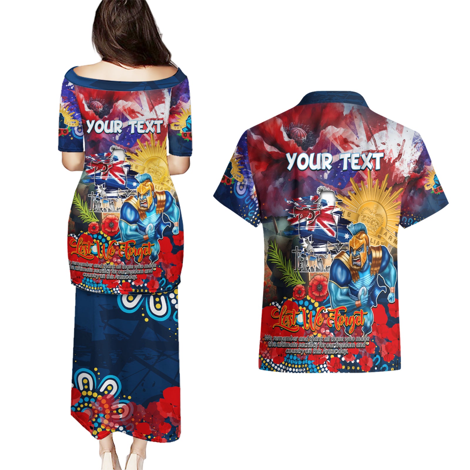 Personalised Australia Rugby Titans ANZAC Couples Matching Puletasi and Hawaiian Shirt Gold Coast Scratch Style