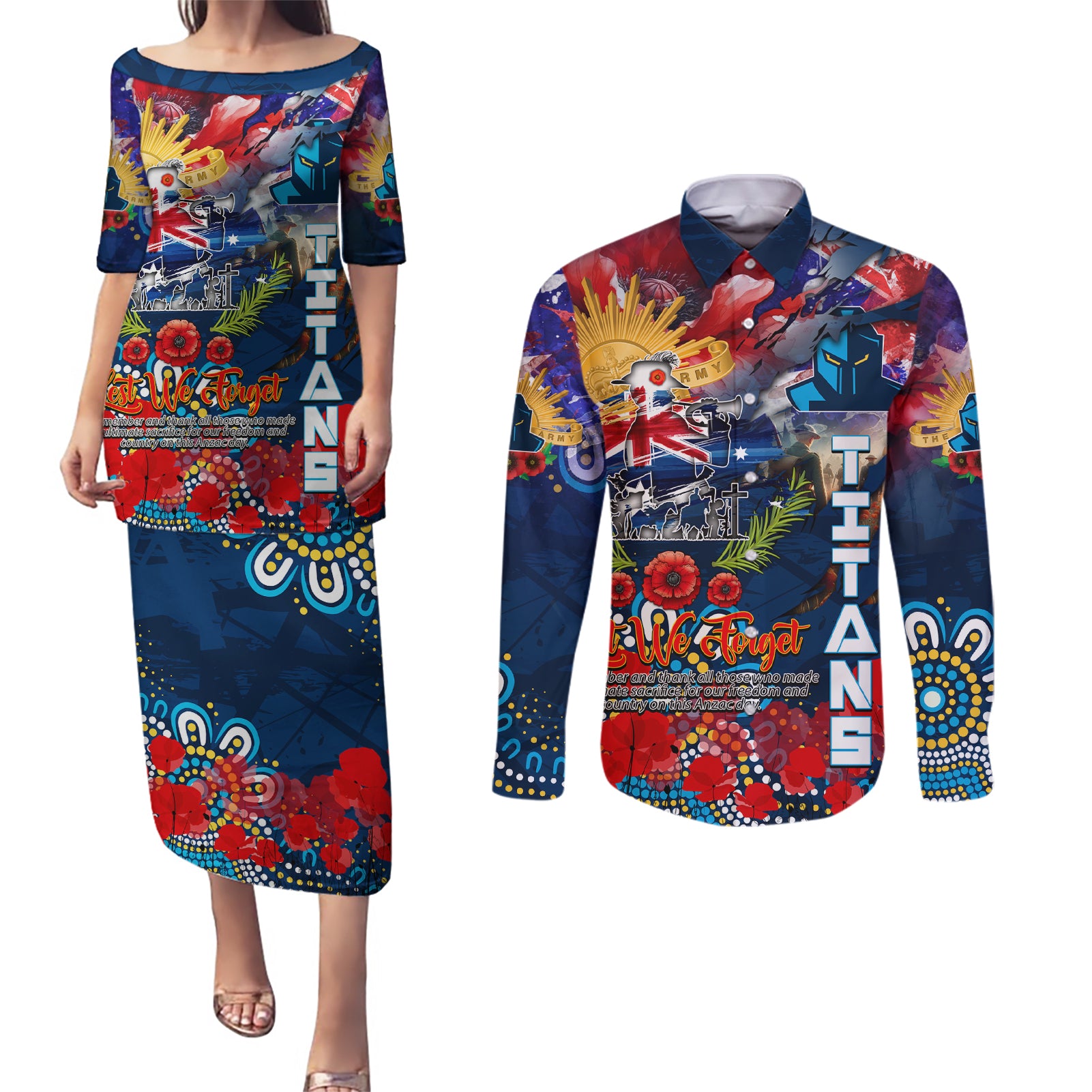 Personalised Australia Rugby Titans ANZAC Couples Matching Puletasi and Long Sleeve Button Shirt Gold Coast Scratch Style