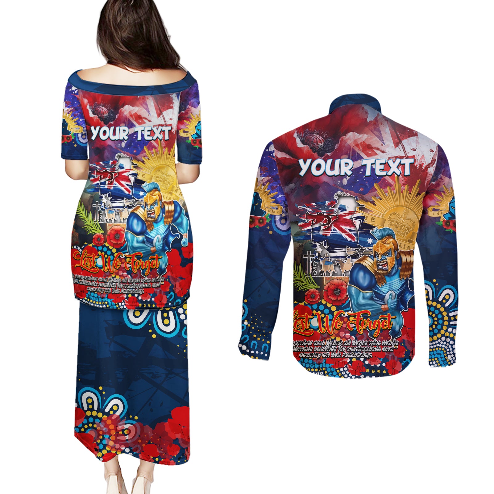 Personalised Australia Rugby Titans ANZAC Couples Matching Puletasi and Long Sleeve Button Shirt Gold Coast Scratch Style
