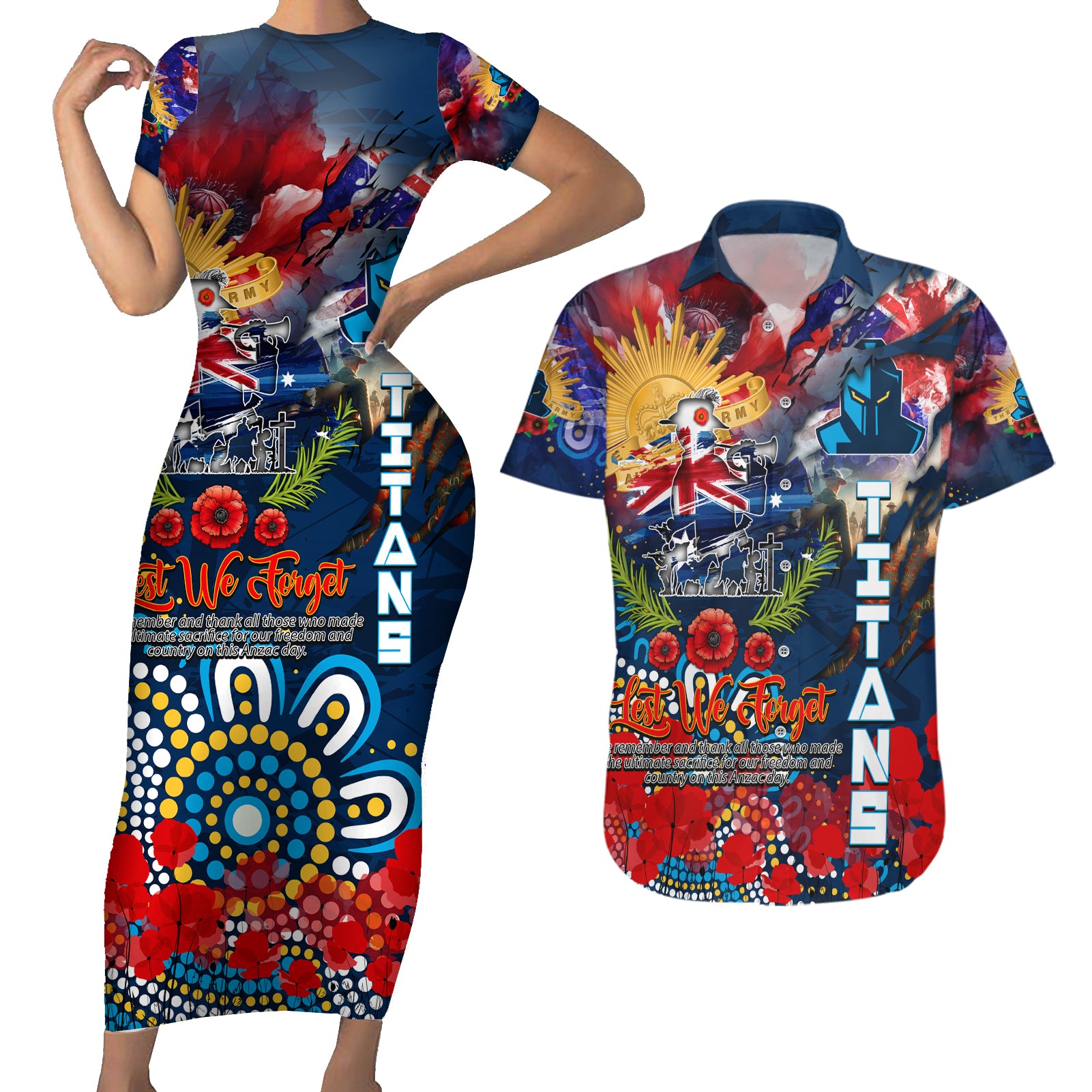 Personalised Australia Rugby Titans ANZAC Couples Matching Short Sleeve Bodycon Dress and Hawaiian Shirt Gold Coast Scratch Style