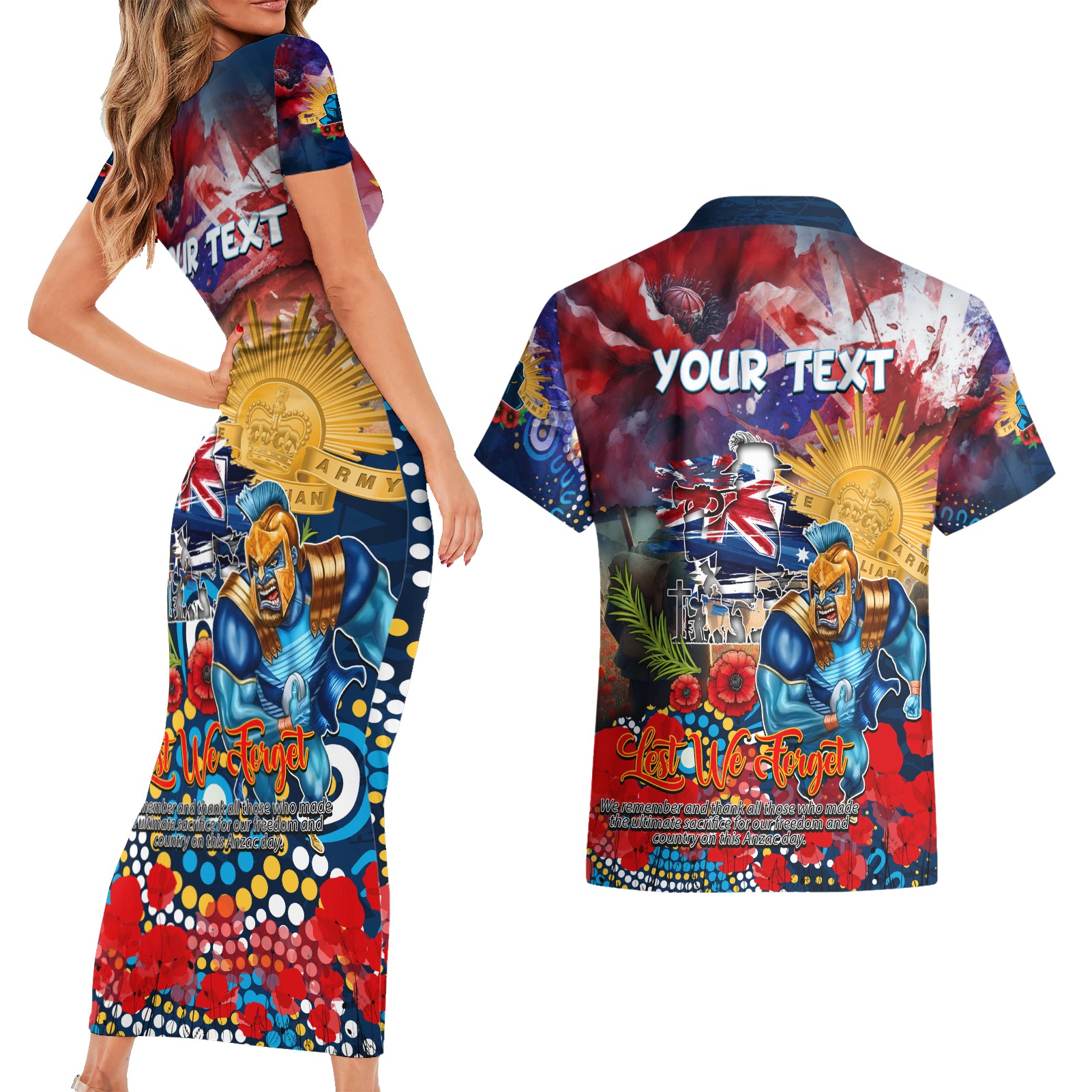 Personalised Australia Rugby Titans ANZAC Couples Matching Short Sleeve Bodycon Dress and Hawaiian Shirt Gold Coast Scratch Style