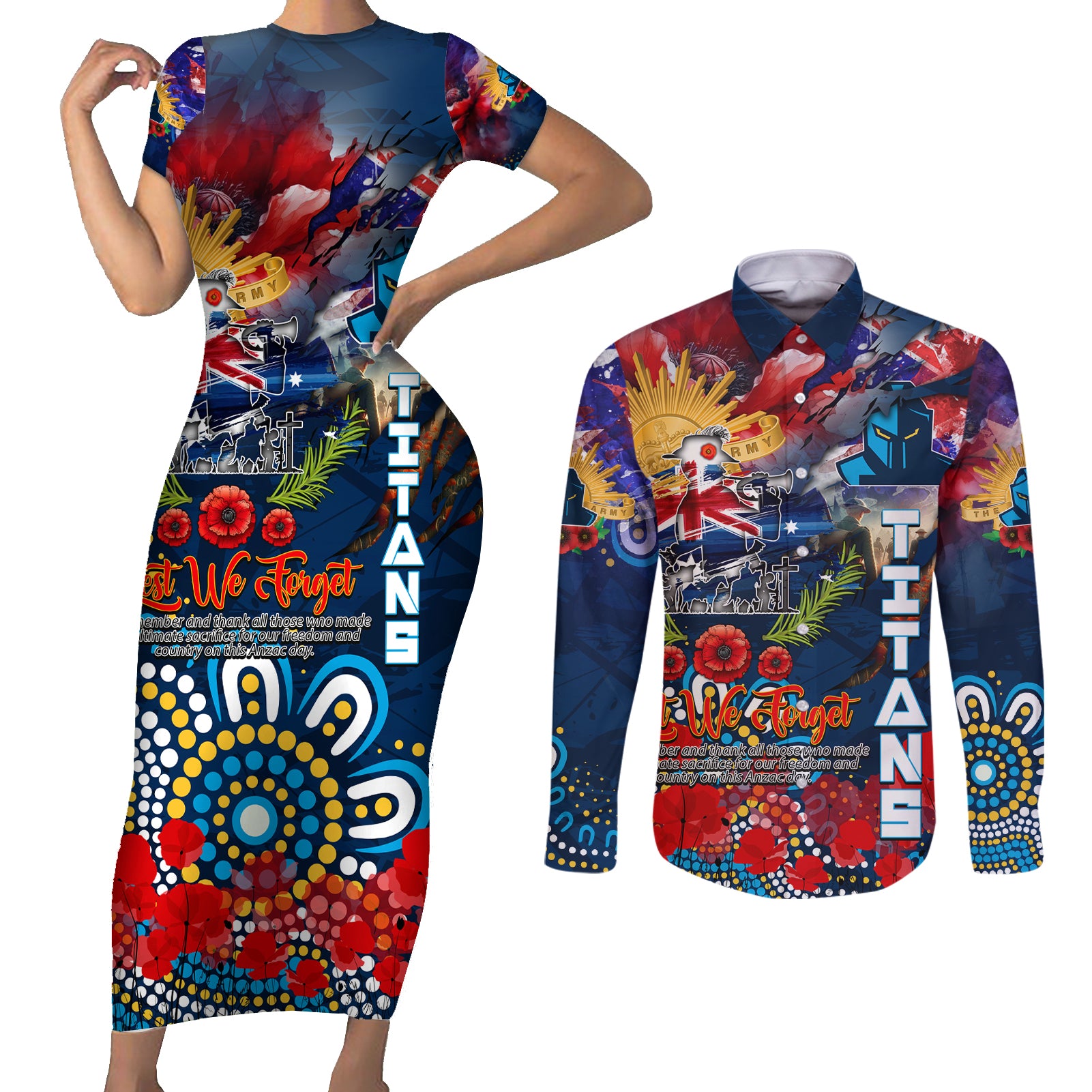 Personalised Australia Rugby Titans ANZAC Couples Matching Short Sleeve Bodycon Dress and Long Sleeve Button Shirt Gold Coast Scratch Style