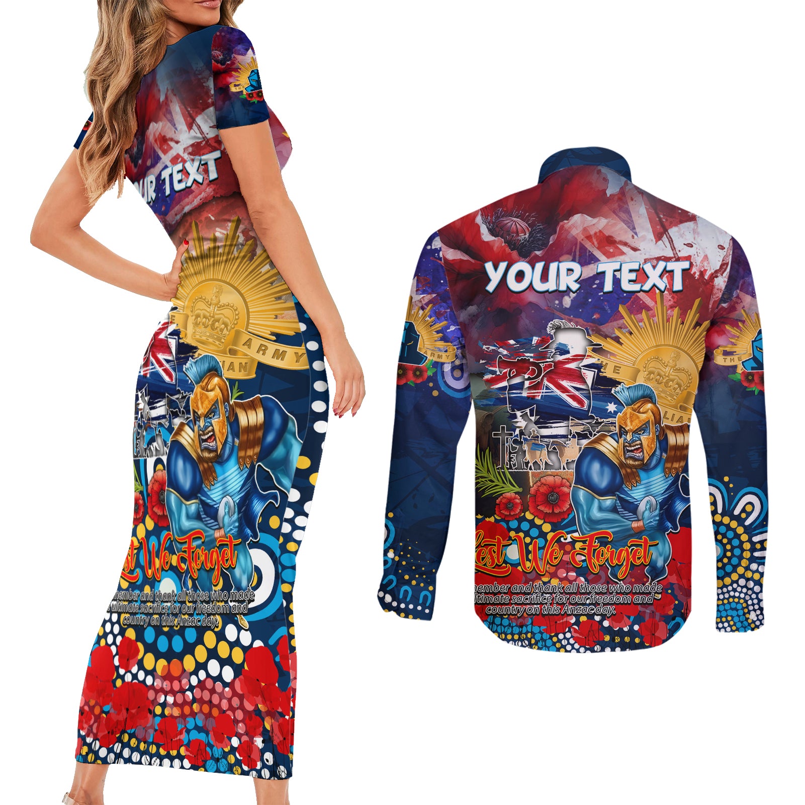 Personalised Australia Rugby Titans ANZAC Couples Matching Short Sleeve Bodycon Dress and Long Sleeve Button Shirt Gold Coast Scratch Style
