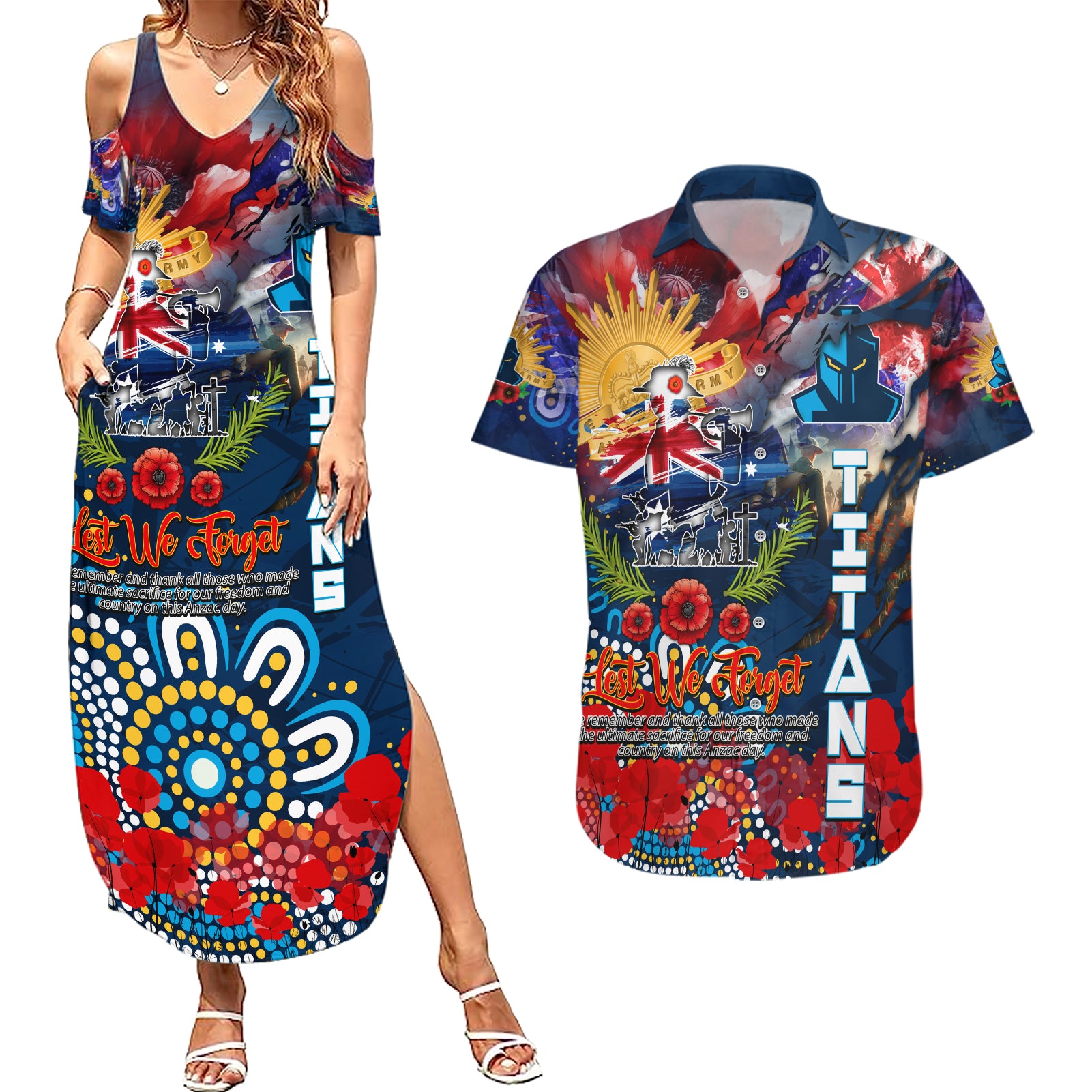 Personalised Australia Rugby Titans ANZAC Couples Matching Summer Maxi Dress and Hawaiian Shirt Gold Coast Scratch Style