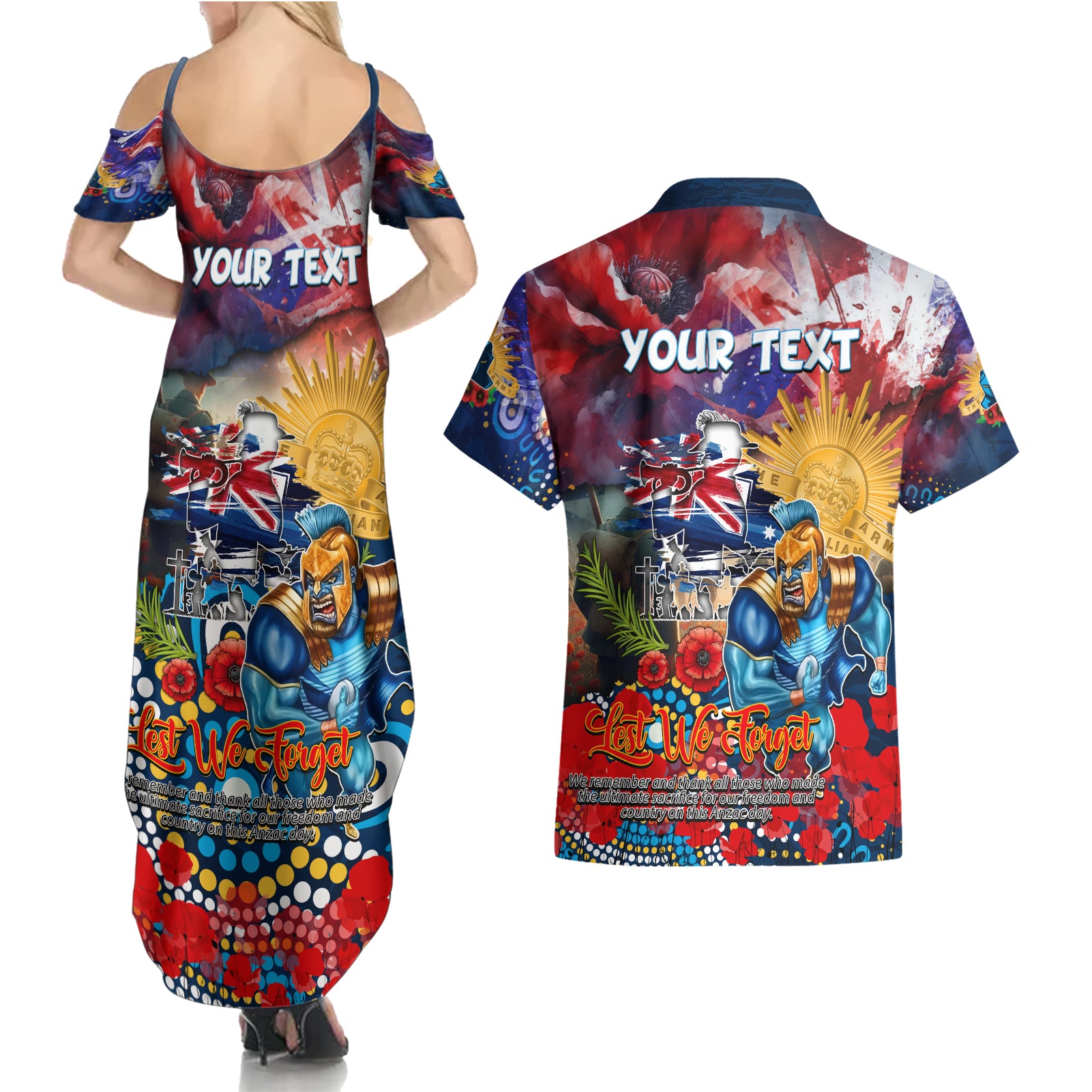 Personalised Australia Rugby Titans ANZAC Couples Matching Summer Maxi Dress and Hawaiian Shirt Gold Coast Scratch Style